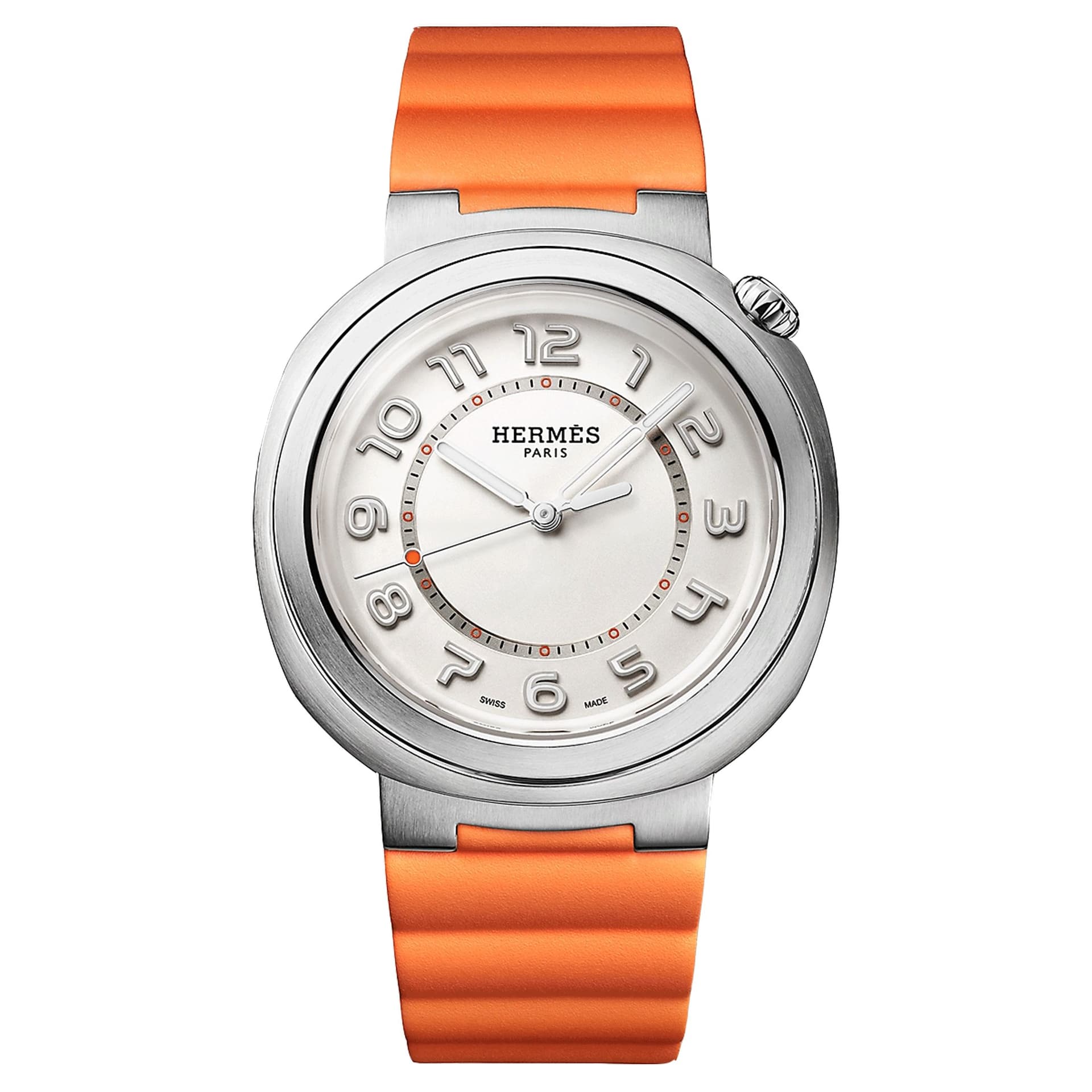 Hermès Montre HERMÈS Cut Grand Modèle automatique cadran argenté bracelet caoutchouc orange 36 mm