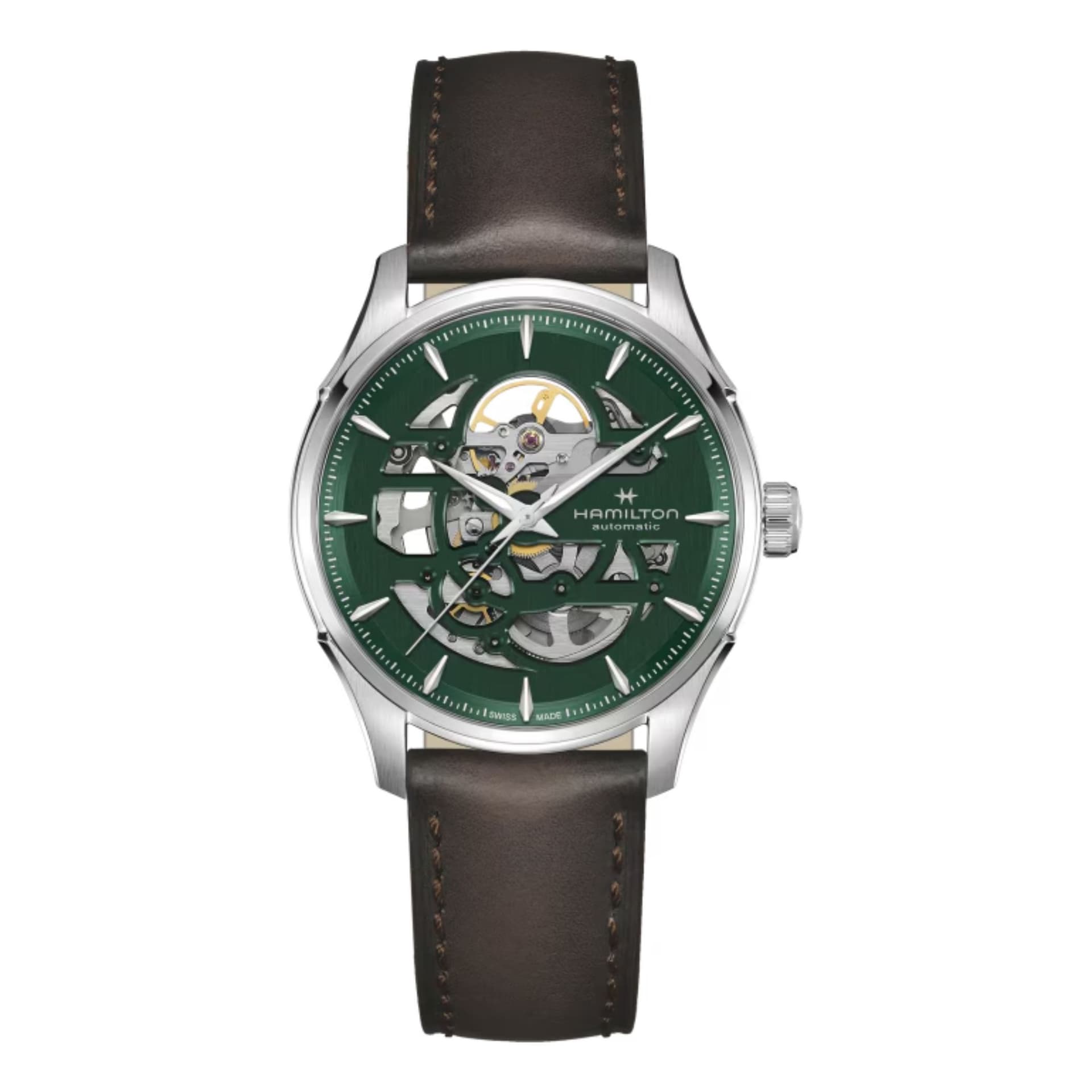 Hamilton Montre Hamilton Jazzmaster Skeleton automatique cadran squelette vert bracelet cuir marron 40 mm