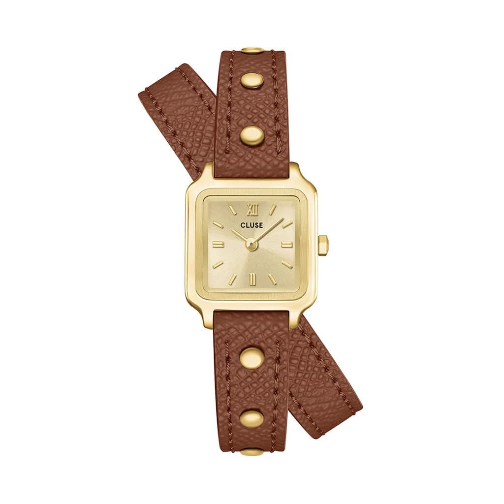 Cluse Gracieuse Mini Watch Double Leather Nutshell, Studs, Gold Colour