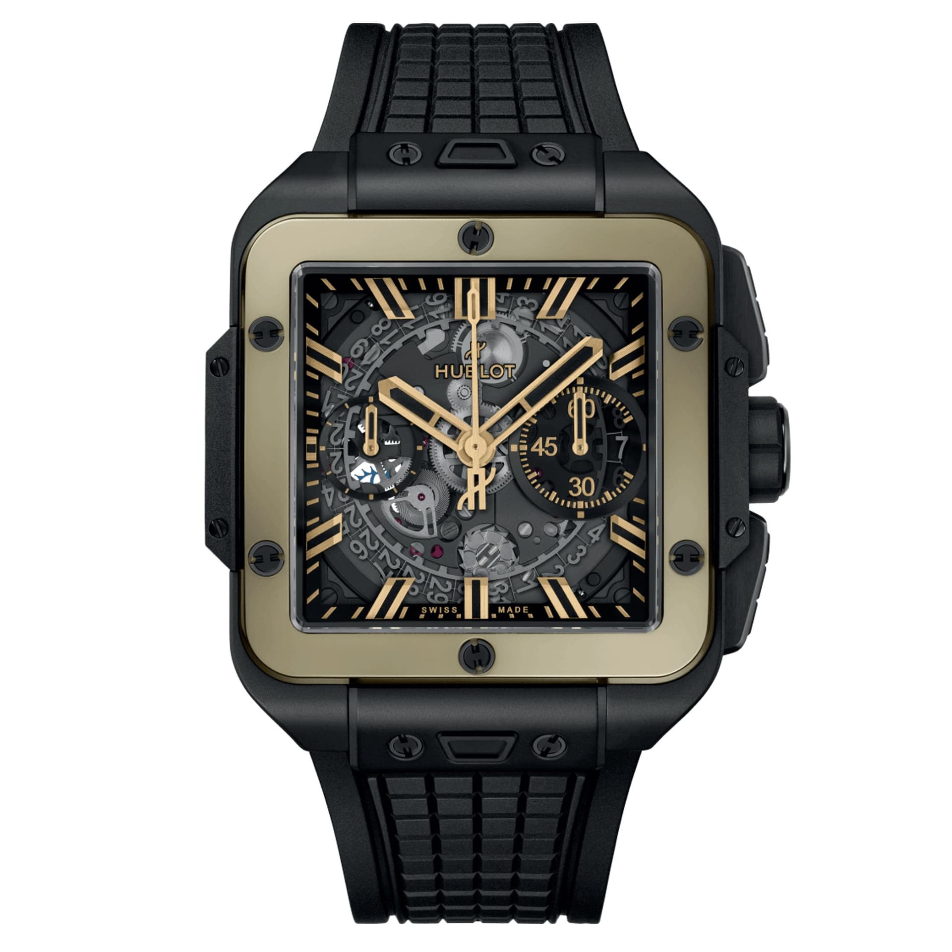 Hublot Montre Hublot Square Bang Unico Ceramic Magic Gold automatique cadran squelette bracelet caoutchouc noir 42 mm