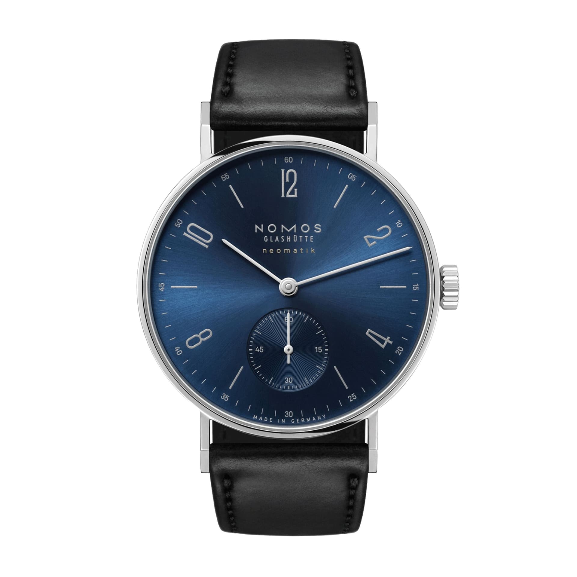 Nomos Montre Nomos Tangente Neomatik Or Bleu automatique fond acier cadran galvanisé bleu bracelet cuir noir 35 mm