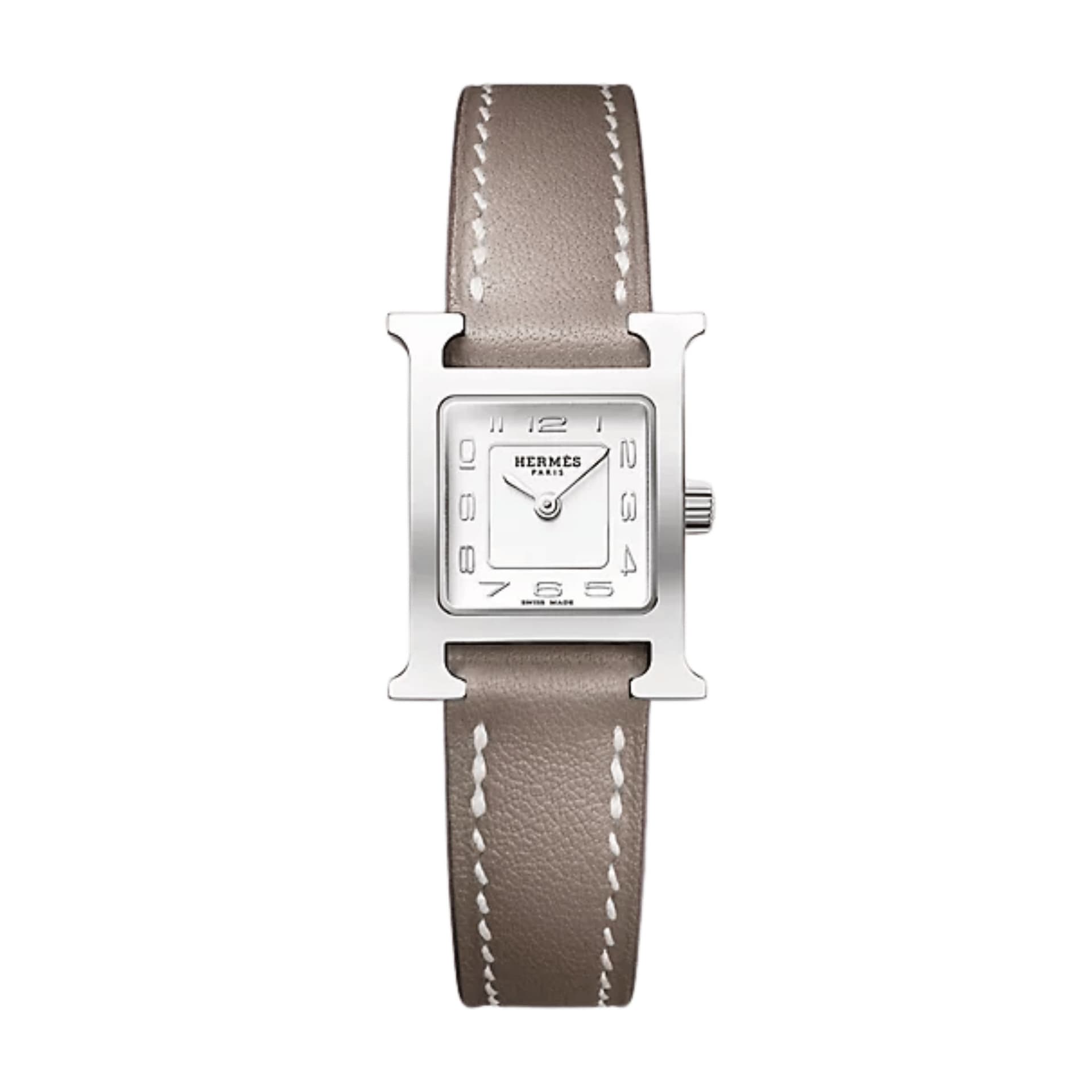 Hermès Montre HERMÈS Heure H Mini Modèle quartz cadran argenté bracelet cuir veau Swift étoupe 21 mm