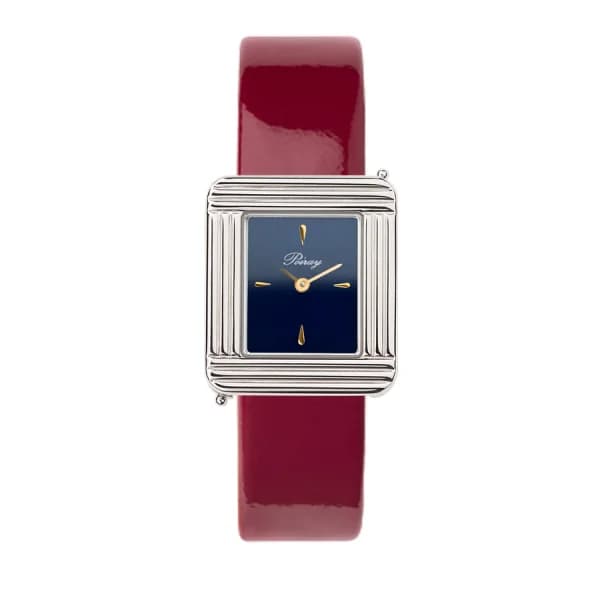 Poiray Montre Poiray Ma Première Acier Cadran Bleu Bracelet Veau Vernis Cerise