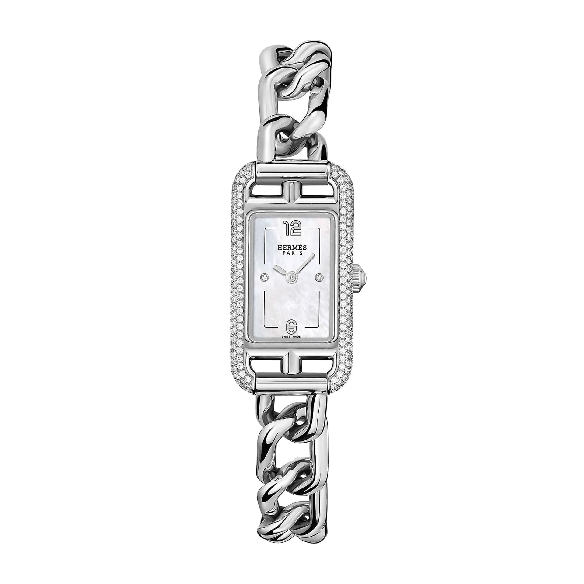 Hermès Montre HERMÈS Nantucket Petit Modèle quartz sertie cadran nacre blanche bracelet acier 17 mm