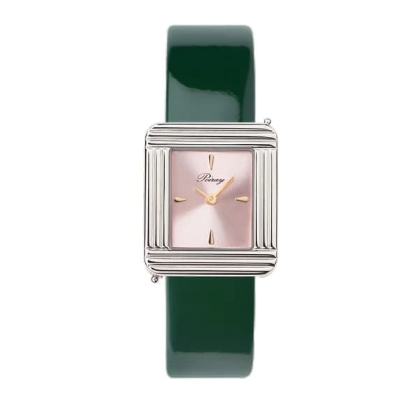 Poiray Montre Poiray Ma Première Acier Cadran Rose Bracelet Veau Vernis Vert
