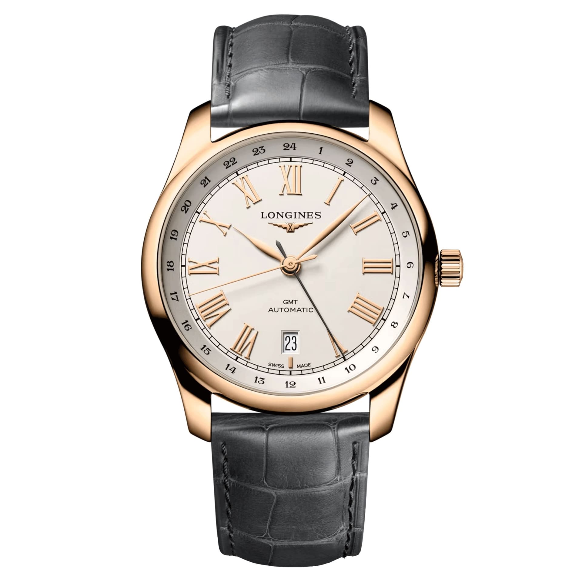 Longines Montre Longines Master Collection GMT Or Rose automatique cadran argent bracelet cuir gris 40 mm