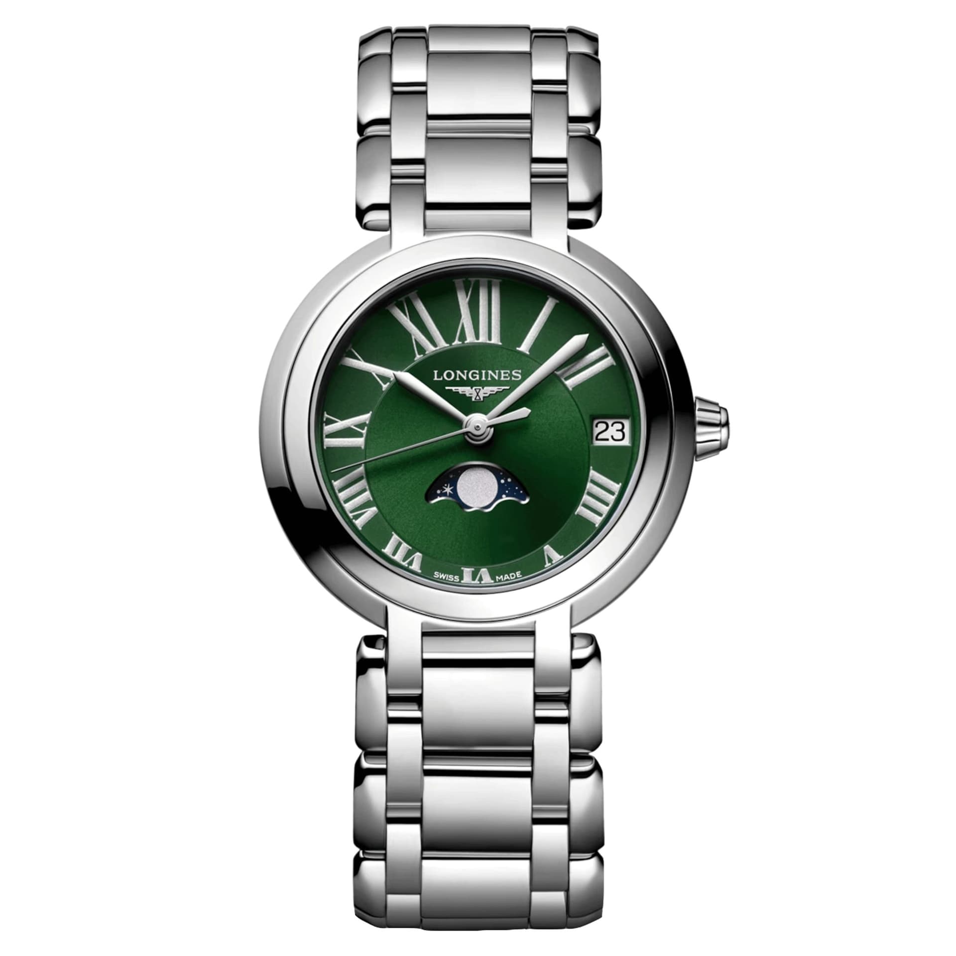 Longines Montre Longines PrimaLuna Moonphase quartz cadran vert bracelet acier 30,5 mm