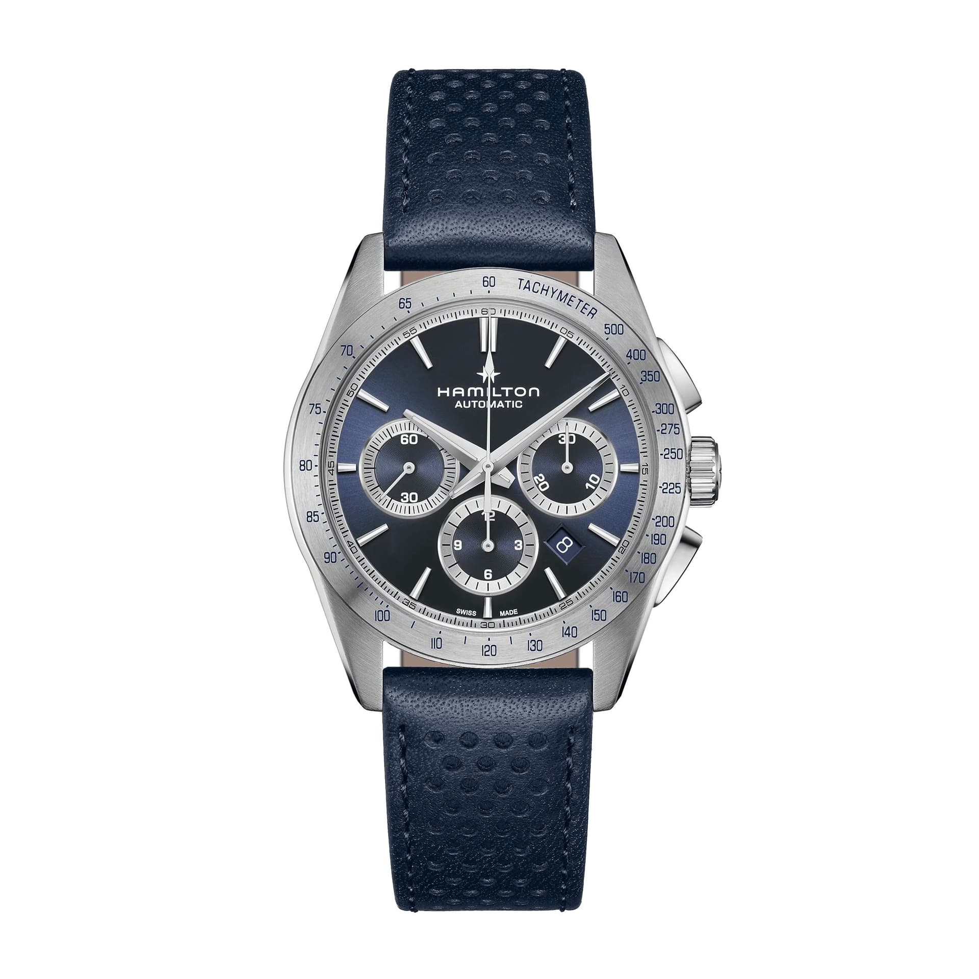 Hamilton Montre Hamilton Jazzmaster Performer Chronographe automatique cadran bleu bracelet cuir bleu 42 mm