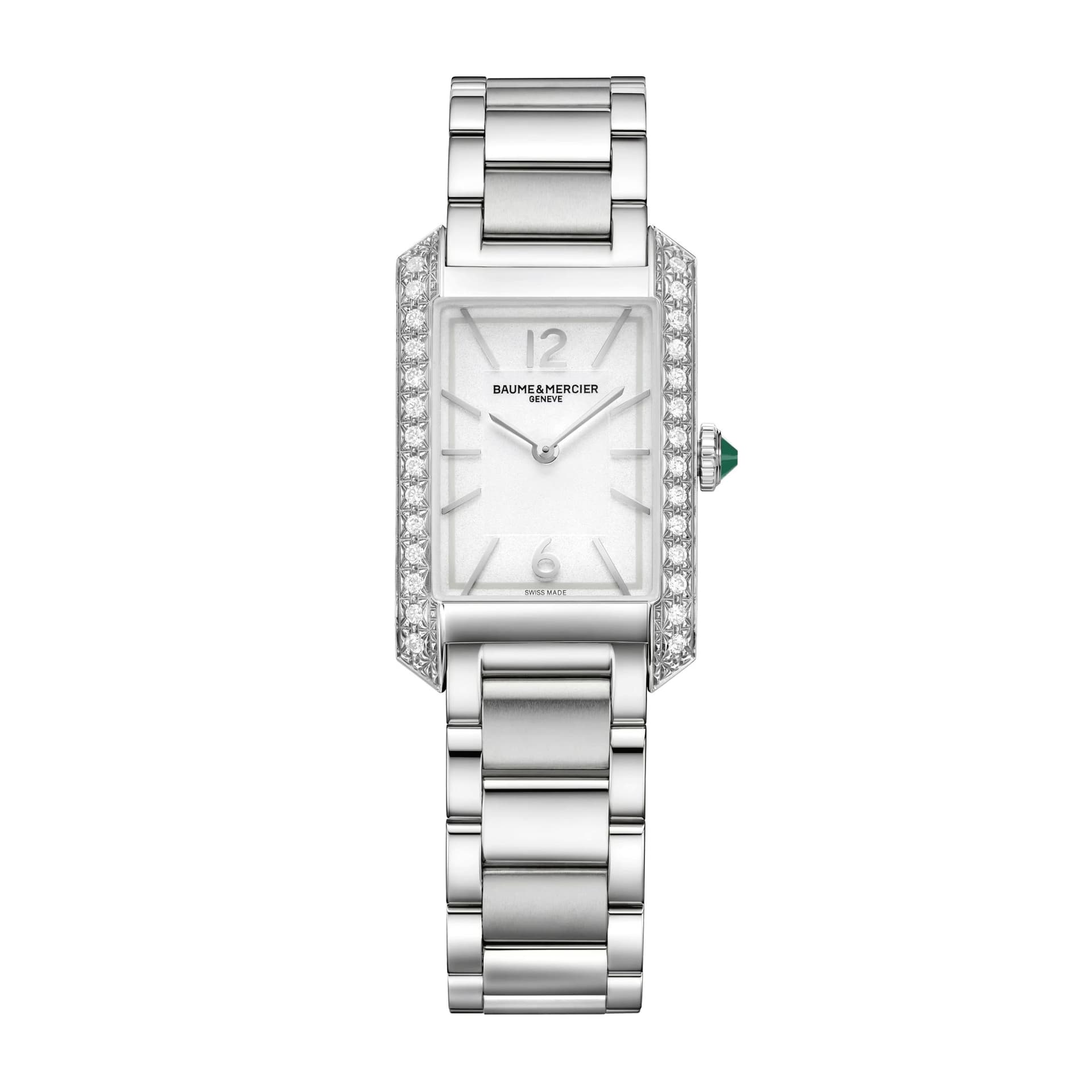 Baume & Mercier Montre Baume et Mercier Hampton quartz lunette sertie cadran argenté bracelet acier 35 x 22 mm