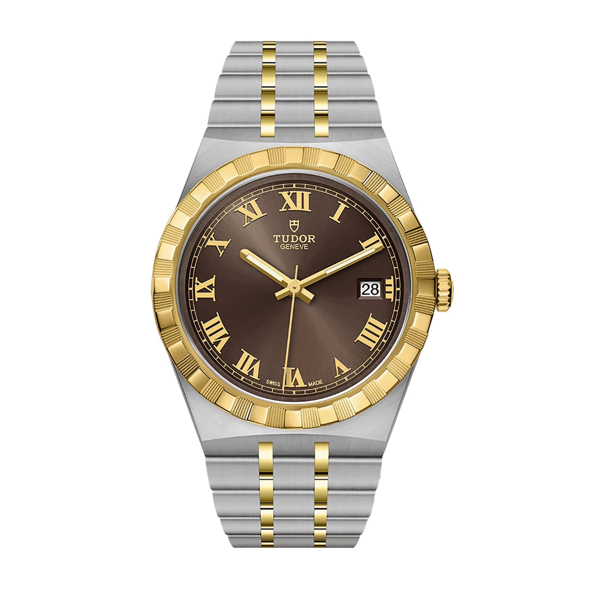 Tudor Montre Tudor Royal automatique lunette or jaune cadran chocolat bracelet acier et or jaune 38 mm
