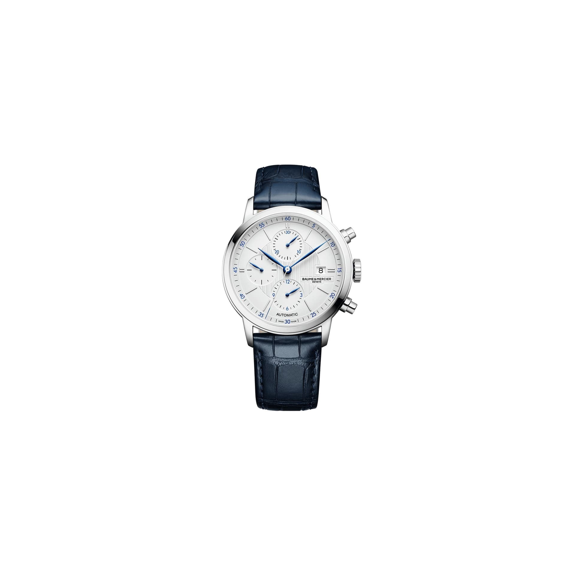 Baume & Mercier Montre Baume et Mercier Classima automatique chronographe cadran argenté bracelet cuir alligator bleu 42 mm