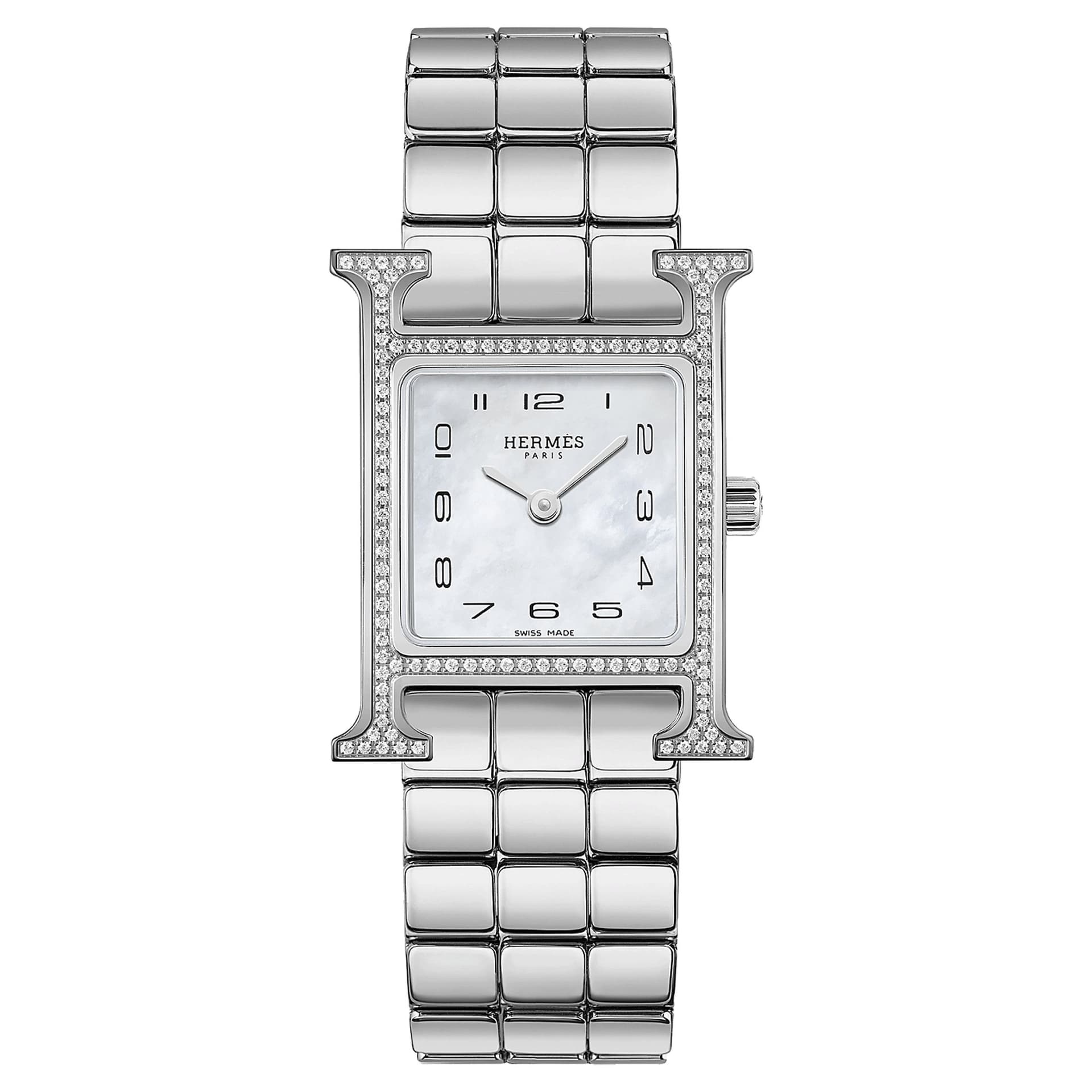 Hermès Montre HERMÈS Heure H Petit Modèle sertie quartz cadran nacre blanche bracelet acier 25 mm