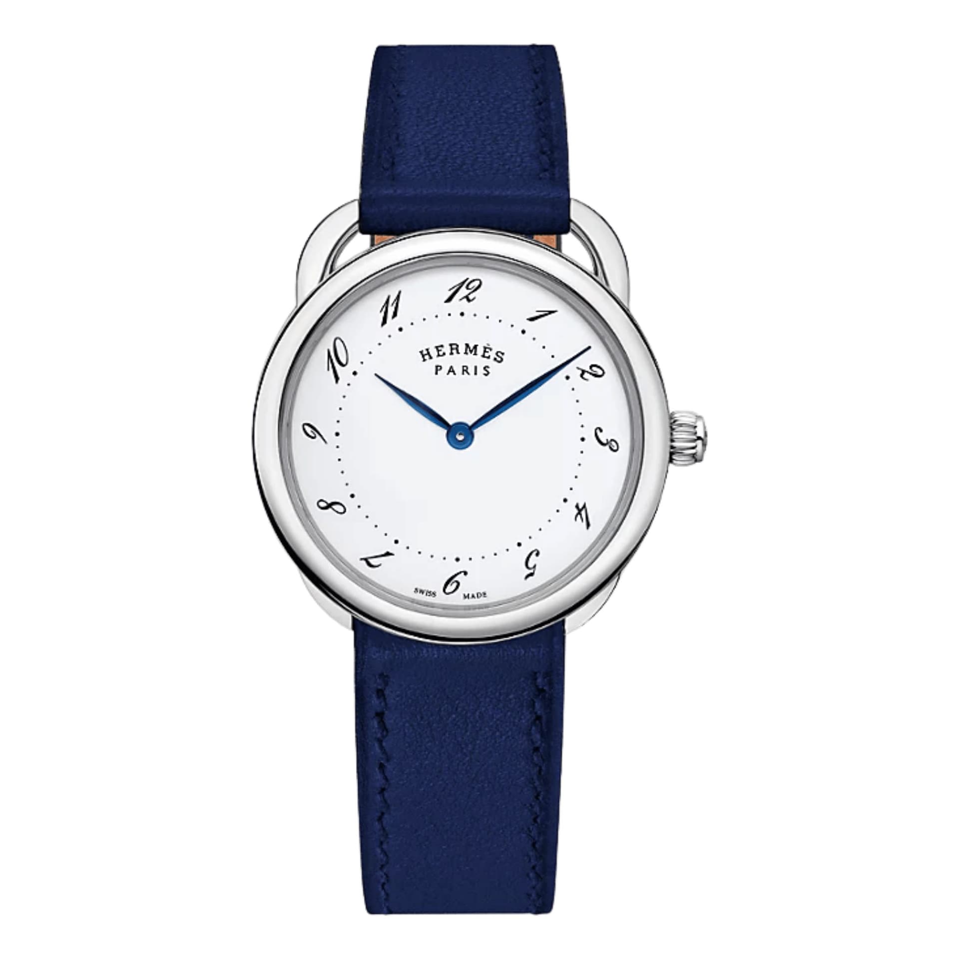 Hermès Montre HERMÈS Arceau Grand Modèle quartz cadran laqué blanc bracelet cuir bleu 36 mm