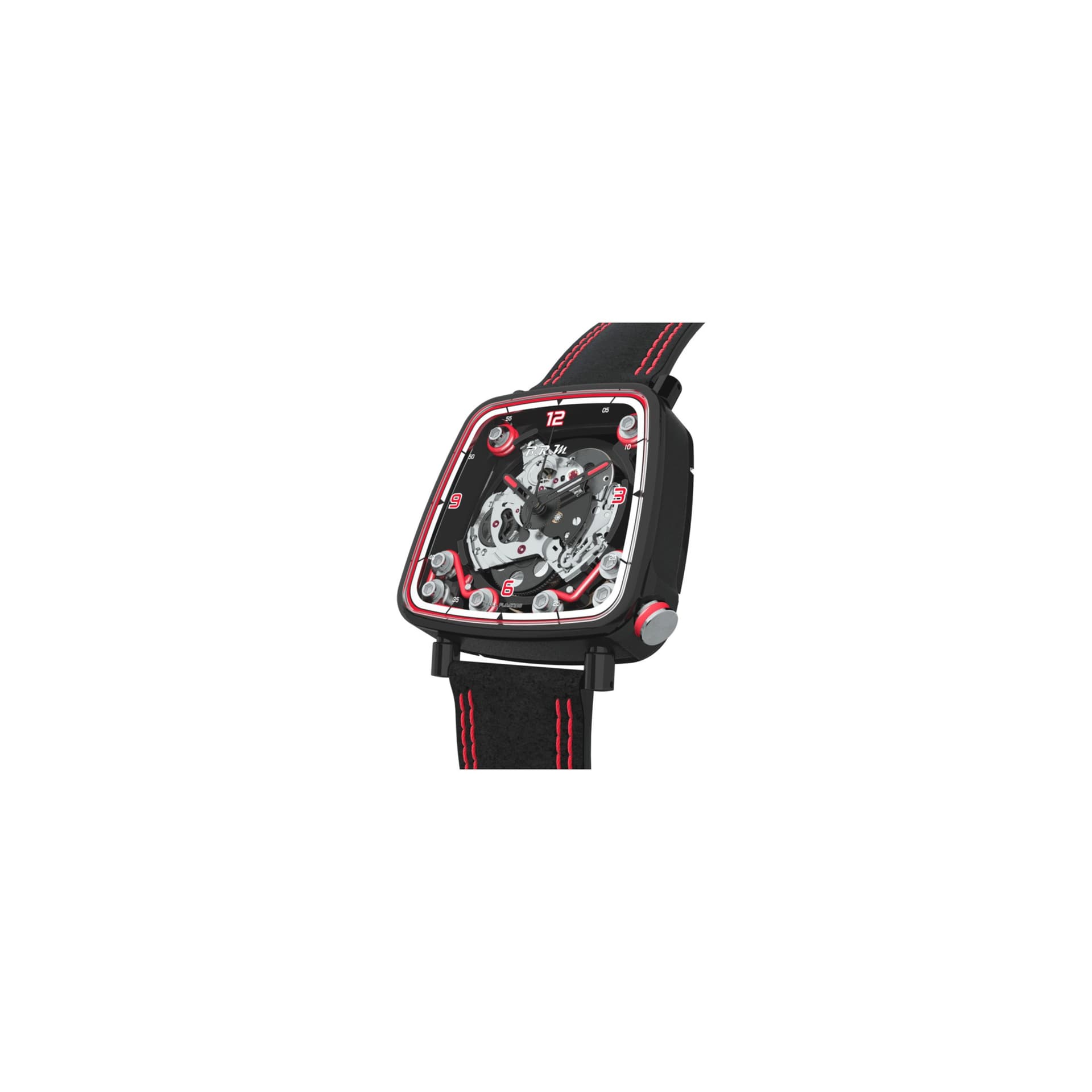B.R.M Montre B.R.M FF39-40 automatique titane noir couronne laque rouge cadran squelette bracelet cuir Alcantara noir 40 mm