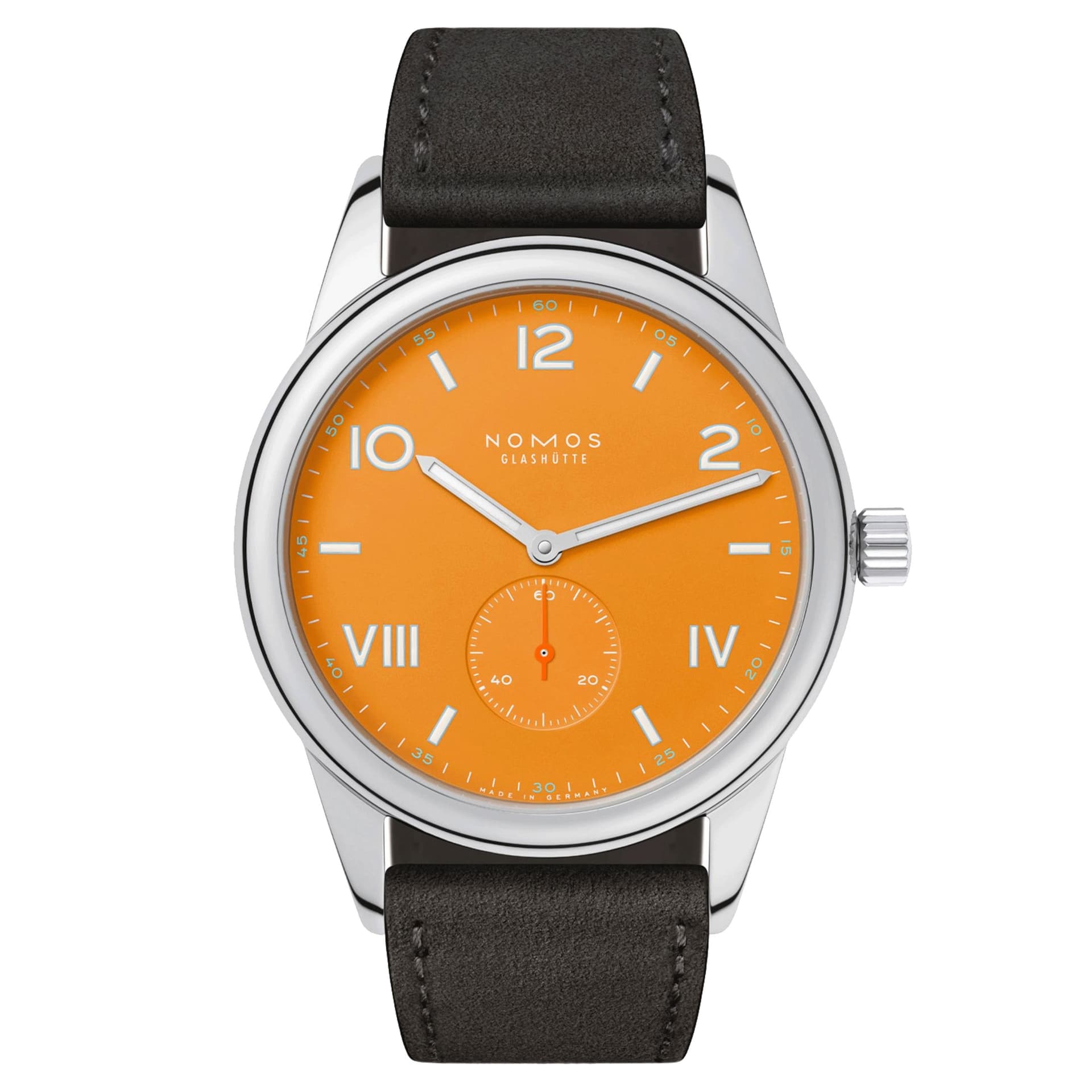 Nomos Montre Nomos Club Campus 38 Future Orange mécanique cadran orange bracelet cuir velours anthracite 38,5 mm