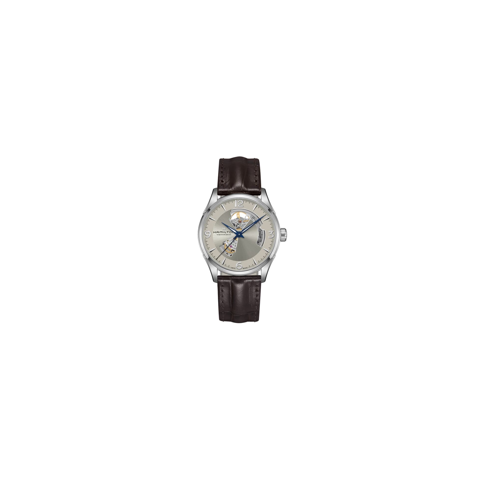Hamilton Montre Hamilton Jazzmaster Open Heart automatique cadran doré bracelet cuir brun façon alligator 42 mm