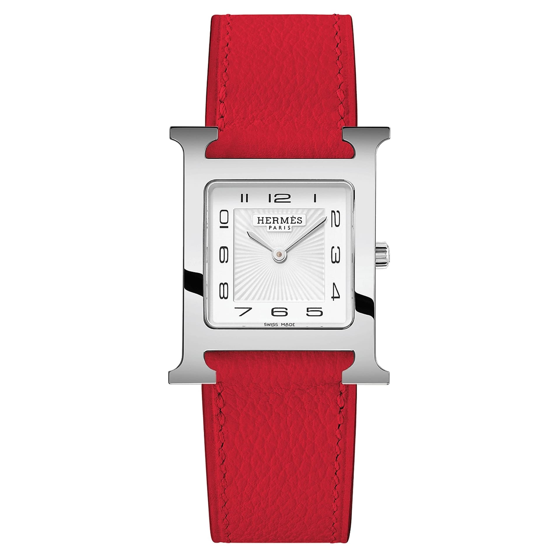 Hermès Montre HERMÈS Heure H Moyen Modèle quartz cadran blanc bracelet cuir rouge 30 mm