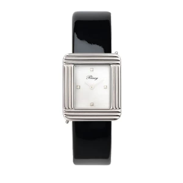 Poiray Montre Poiray Ma Première Cadran Blanc Serti Bracelet Veau Vernis Noir