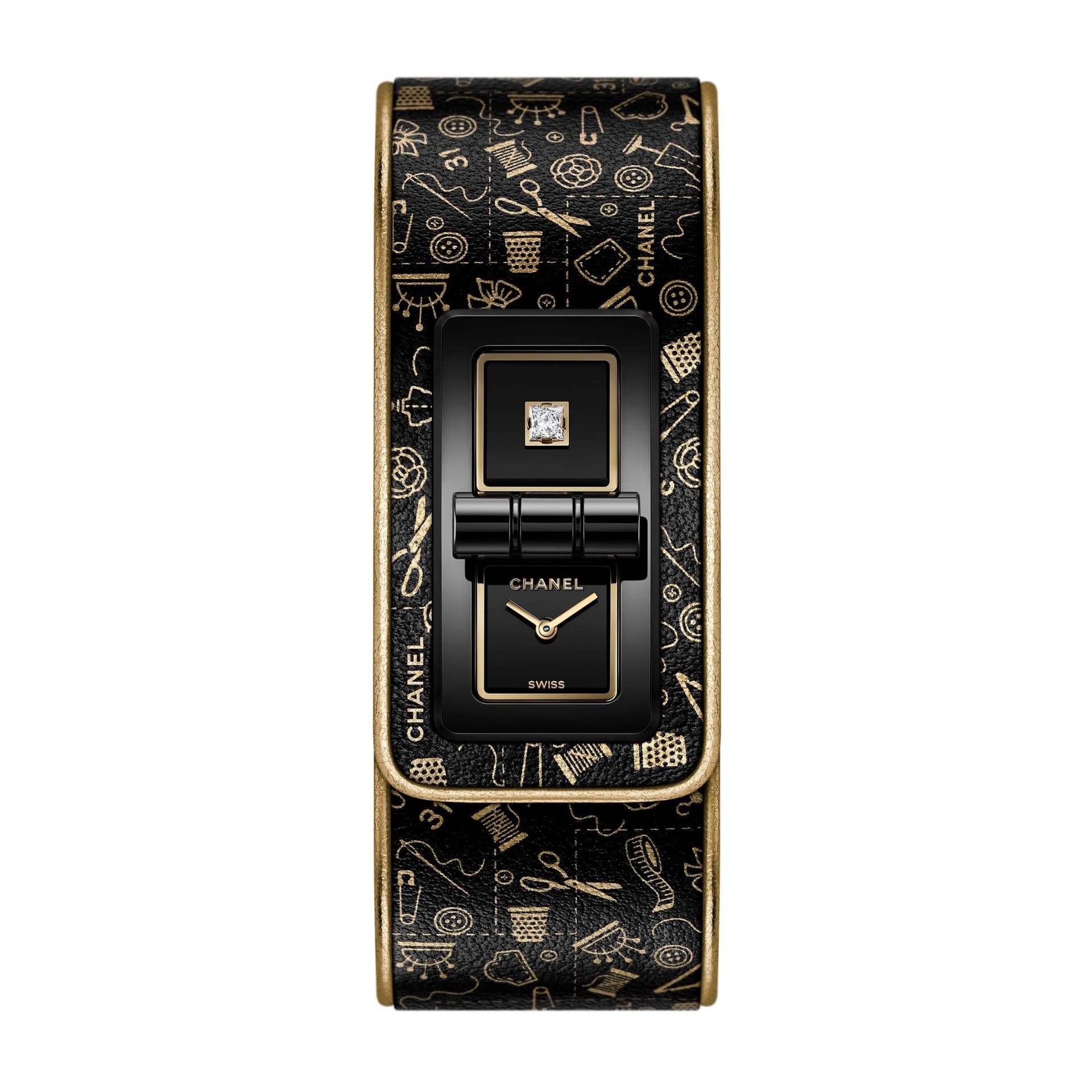 Chanel Montre CHANEL Code Coco cadran laqué serti noir bracelet cuir noir