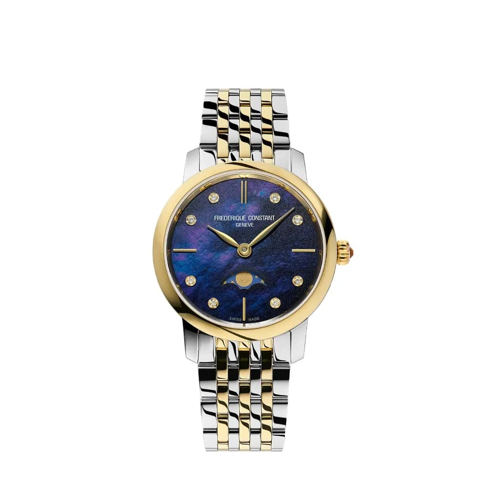 Frédérique Constant Montre Frédérique Constant Slimline Ladies Moonphase Quartz Cadran Bleu nuit Bracelet Acier et PVD Doré - FC-206MPND1S3B