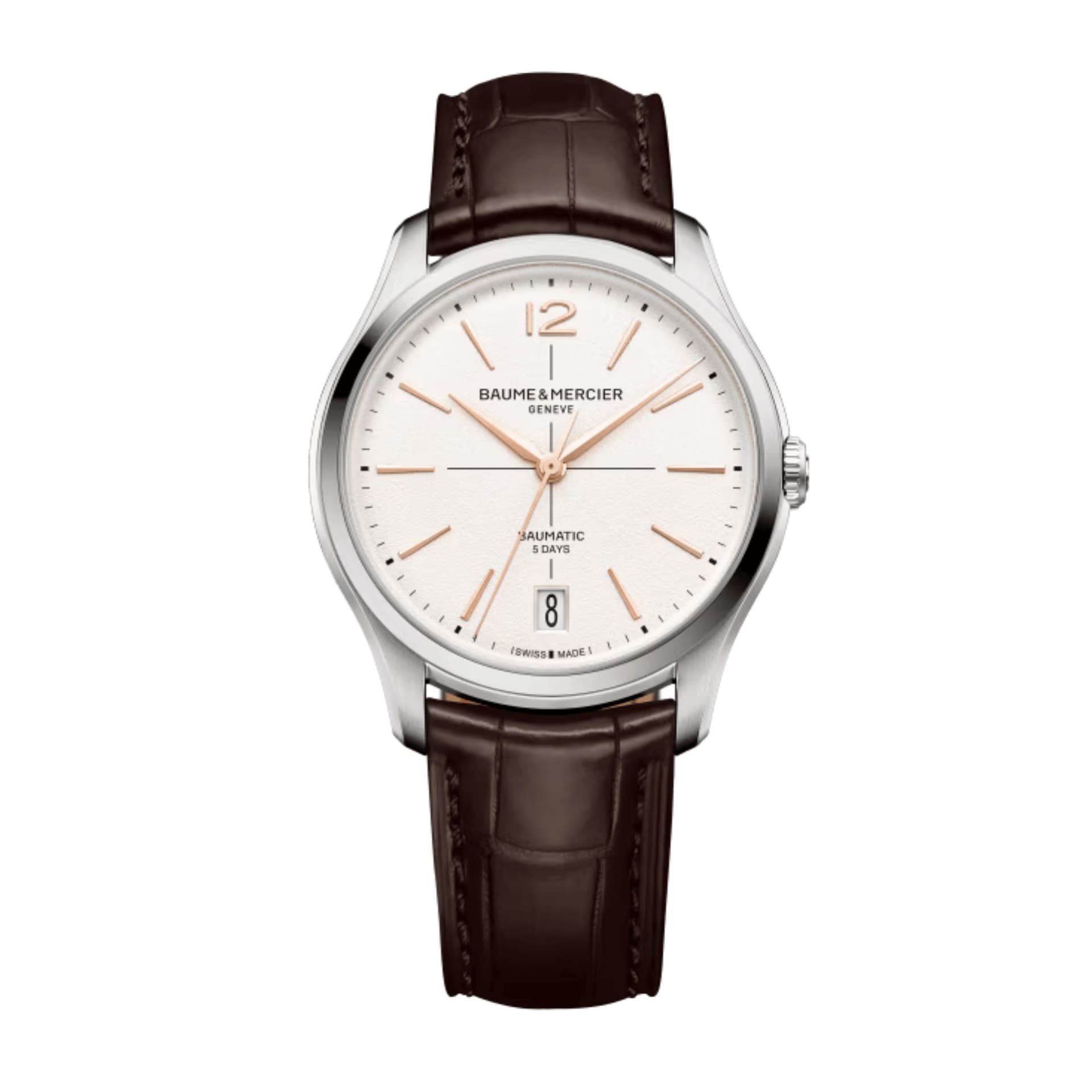 Baume & Mercier Montre Baume et Mercier Clifton automatique cadran blanc bracelet cuir marron 39 mm