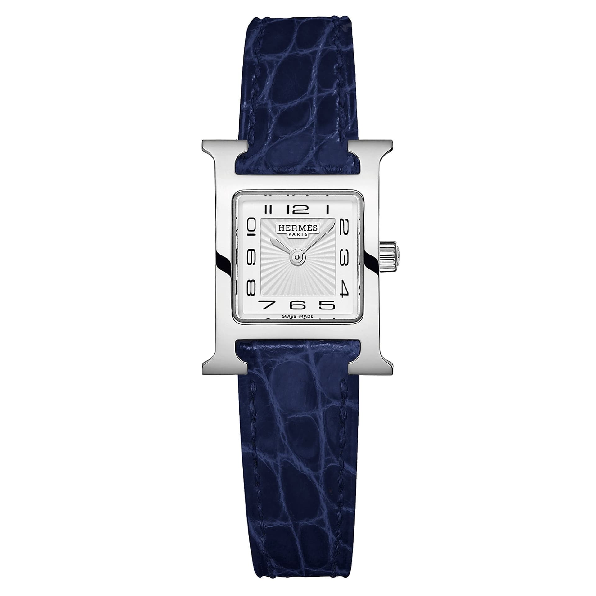 Hermès Montre HERMÈS Heure H Mini Modèle quartz cadran blanc bracelet cuir croco bleu 21 mm