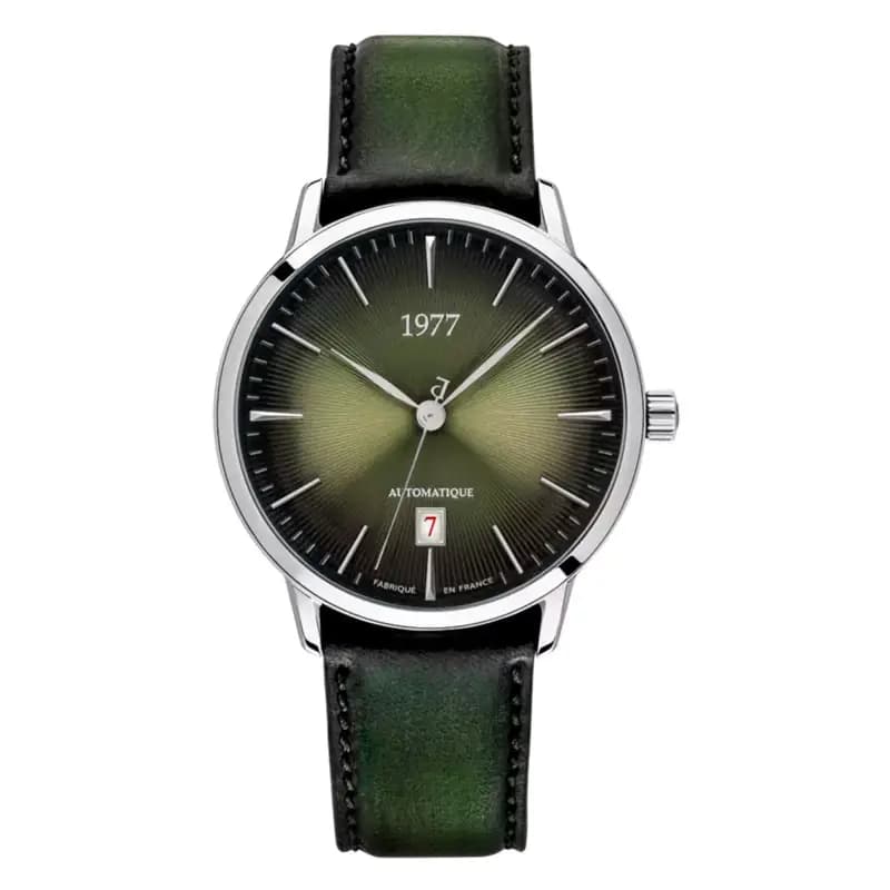 1977 Montre EDMOND vert argenté cuir 1977P01177