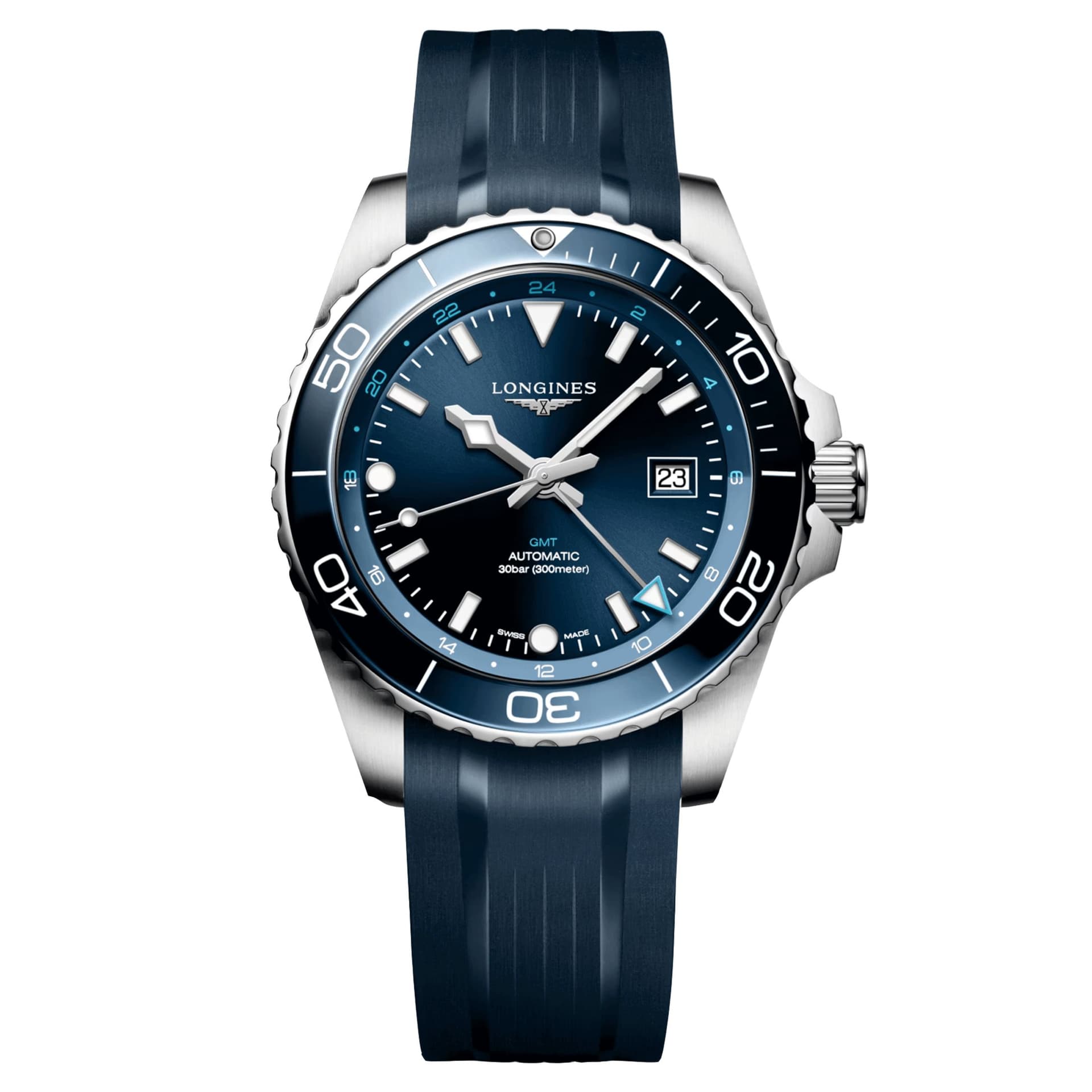 Longines Montre Longines Hydroconquest GMT automatique cadran bleu bracelet caoutchouc bleu 43 mm