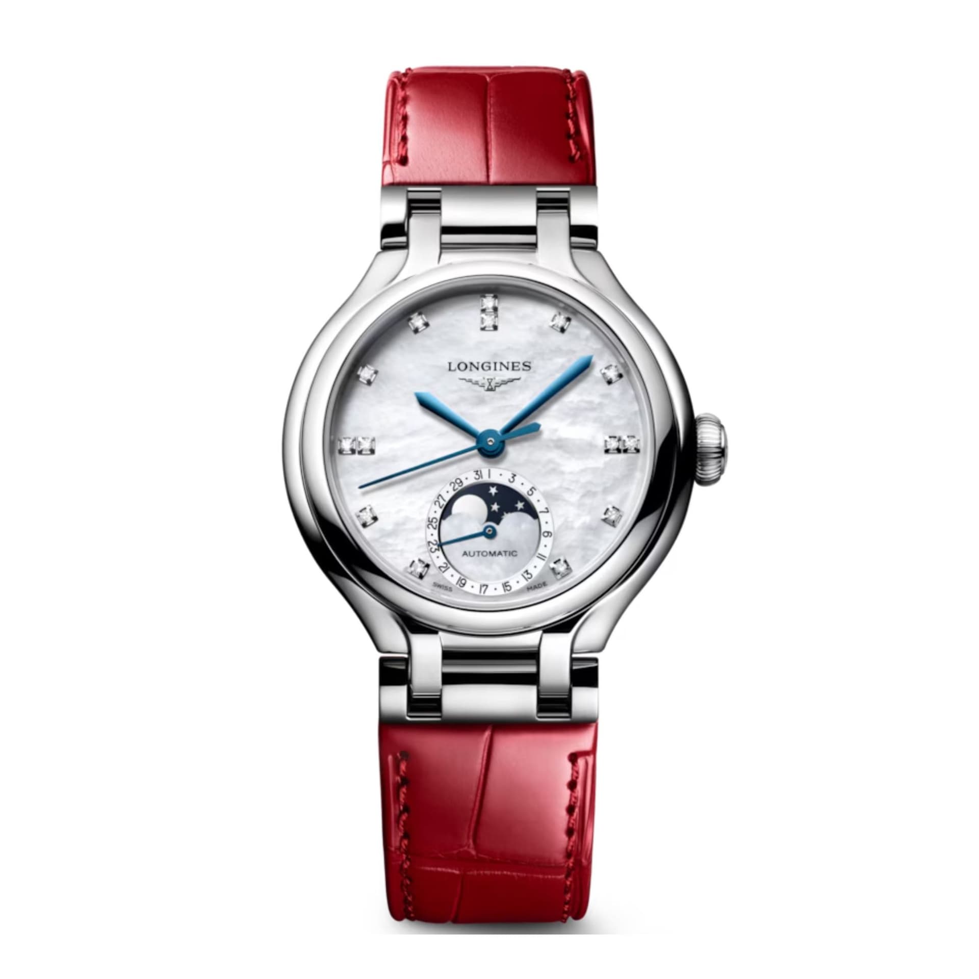 Longines Montre Longines PrimaLuna Moonphase auto cadran nacre blanche index diamants bracelet cuir rouge 34 mm