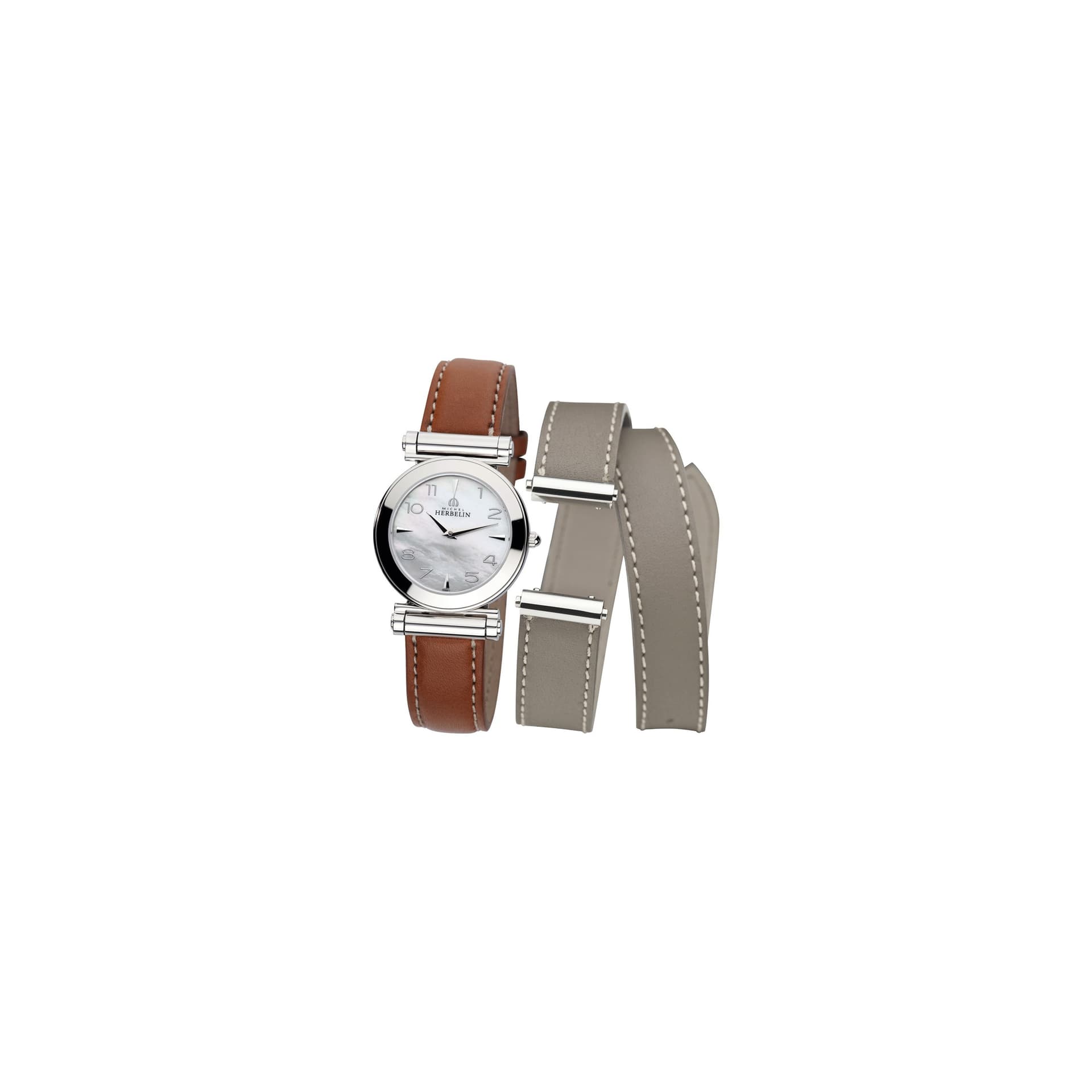 Michel Herbelin Montre Michel Herbelin Coffret Antarès quartz cadran nacre chiffres arabes bracelets cuir brun et gris 29 mm