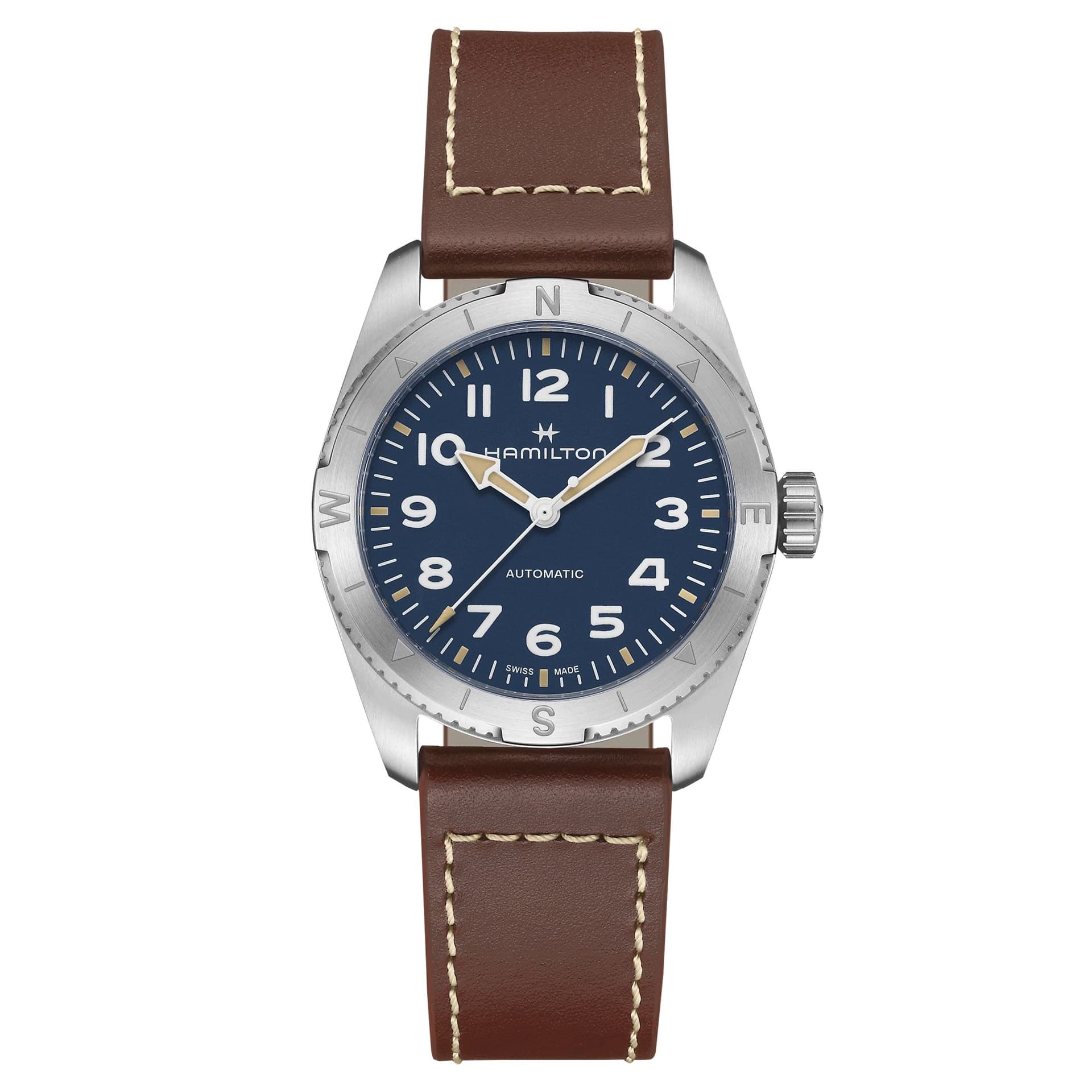 Hamilton Montre Hamilton Khaki Field Expedition automatique cadran bleu bracelet cuir marron 37 mm