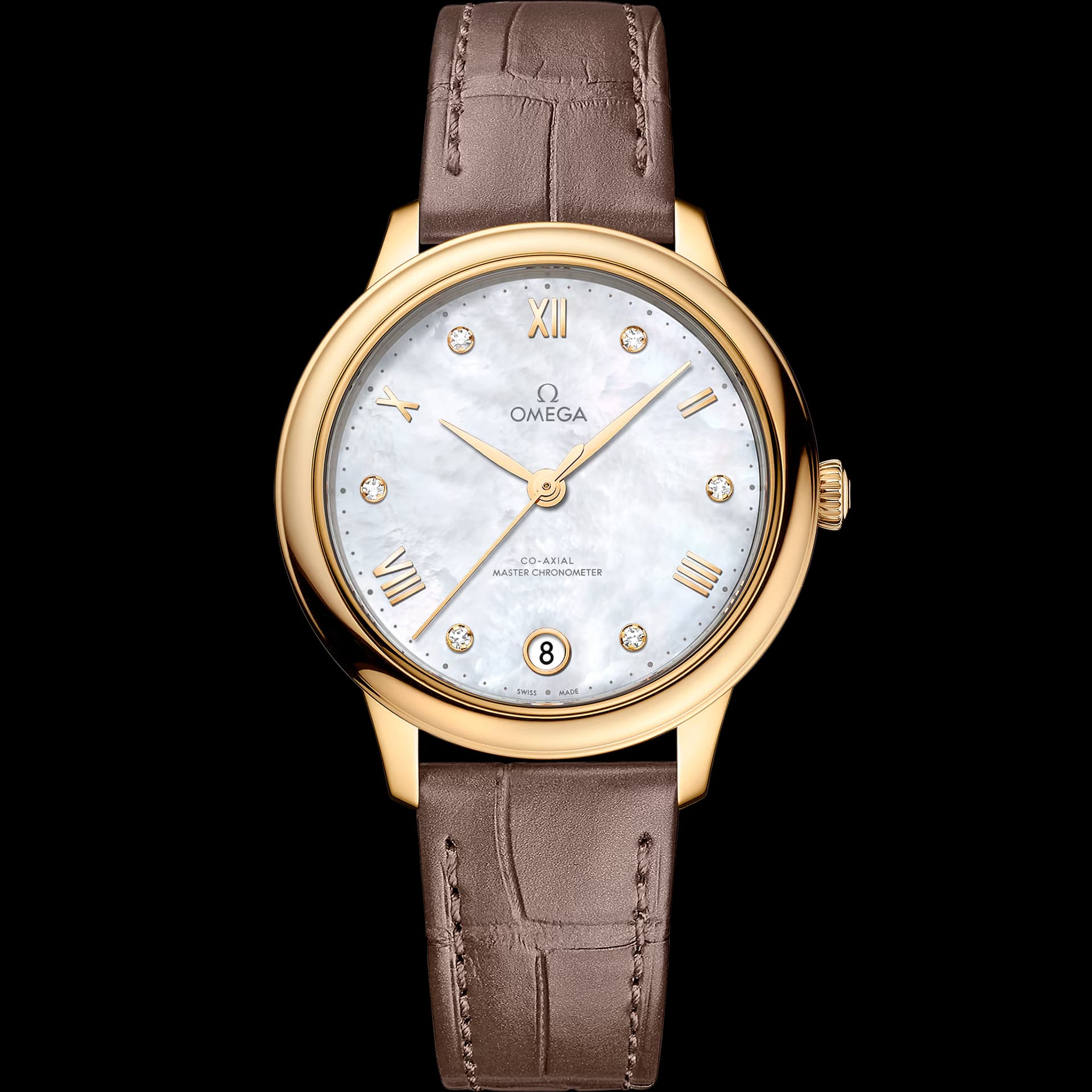 Omega De Ville 34 mm, or jaune sur bracelet en cuir