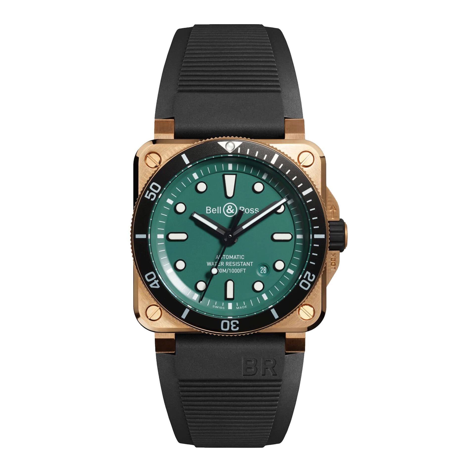 Bell & Ross Montre Bell &amp; Ross BR 03-92 Diver Black &amp; Green Bronze automatique cadran vert bracelet caoutchouc 42 mm