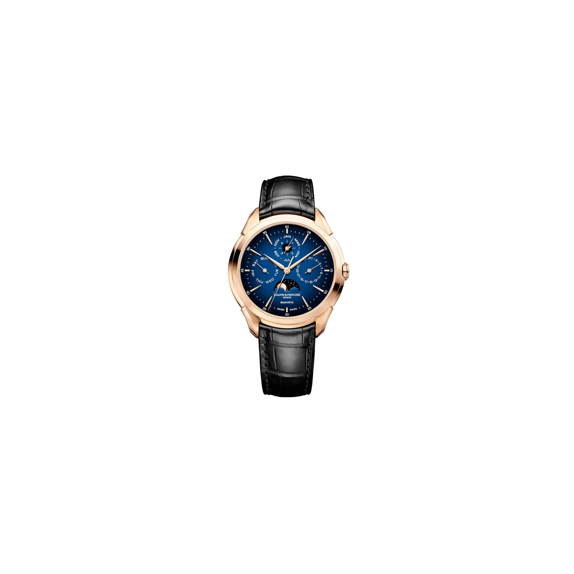 Baume & Mercier Montre Baume et Mercier Clifton Baumatic Or rose automatique cadran bleu bracelet cuir noir 42 mm