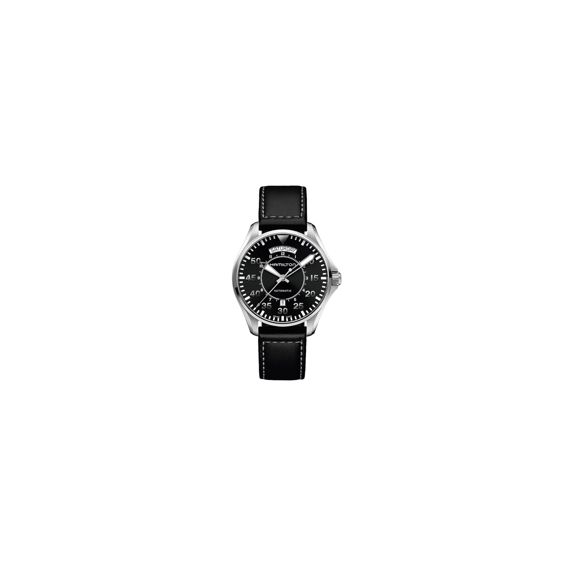 Hamilton Montre Hamilton Khaki Aviation Pilot Day Date cadran noir bracelet cuir noir 42 mm