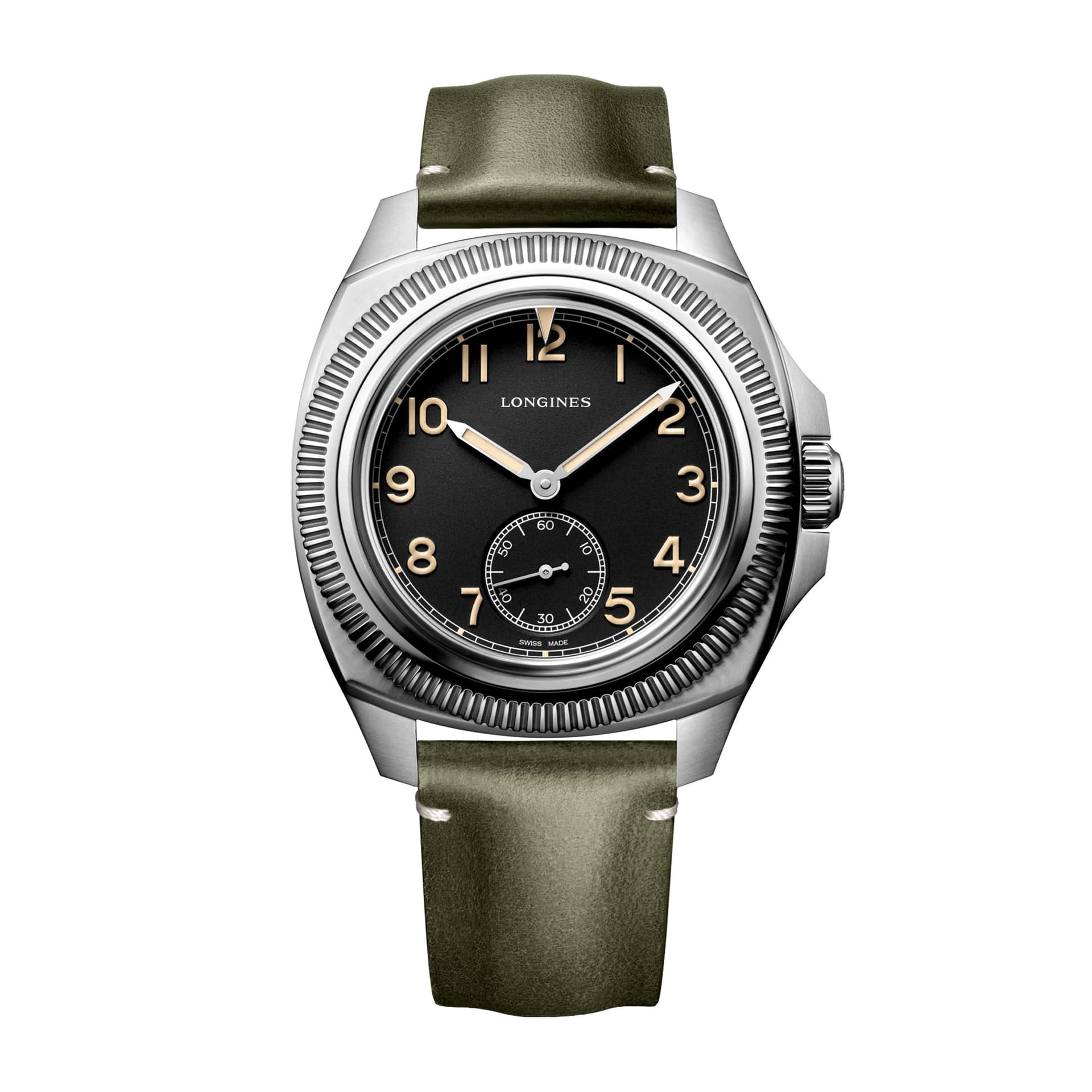 Longines Montre Longines Pilot Majetek automatique cadran noir bracelet cuir vert 43 mm