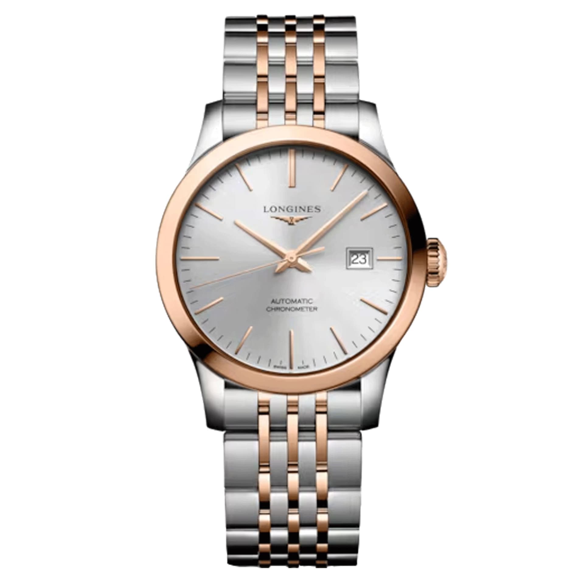 Longines Montre Longines Record automatique cadran argenté bracelet acier et or rose 30 mm