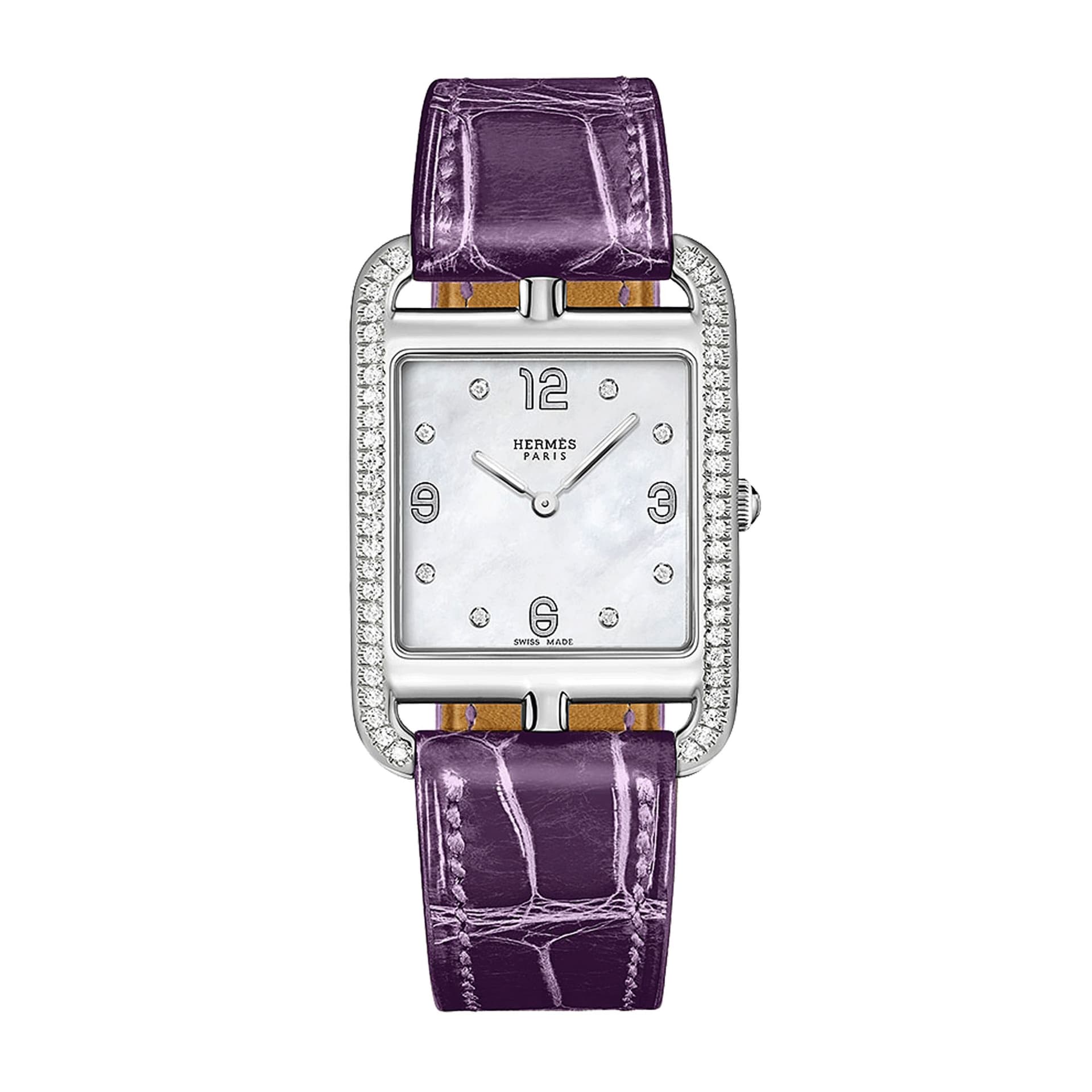 Hermès Montre HERMÈS Cape Cod Petit Modèle quartz index diamants lunette sertie cadran nacre blanche bracelet cuir violet 29 mm