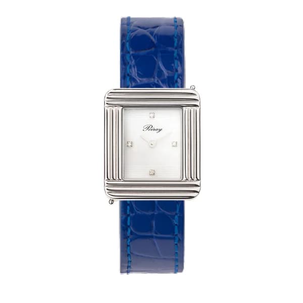 Poiray Montre Poiray Ma Première Cadran Blanc Serti Bracelet Alligator Bleu