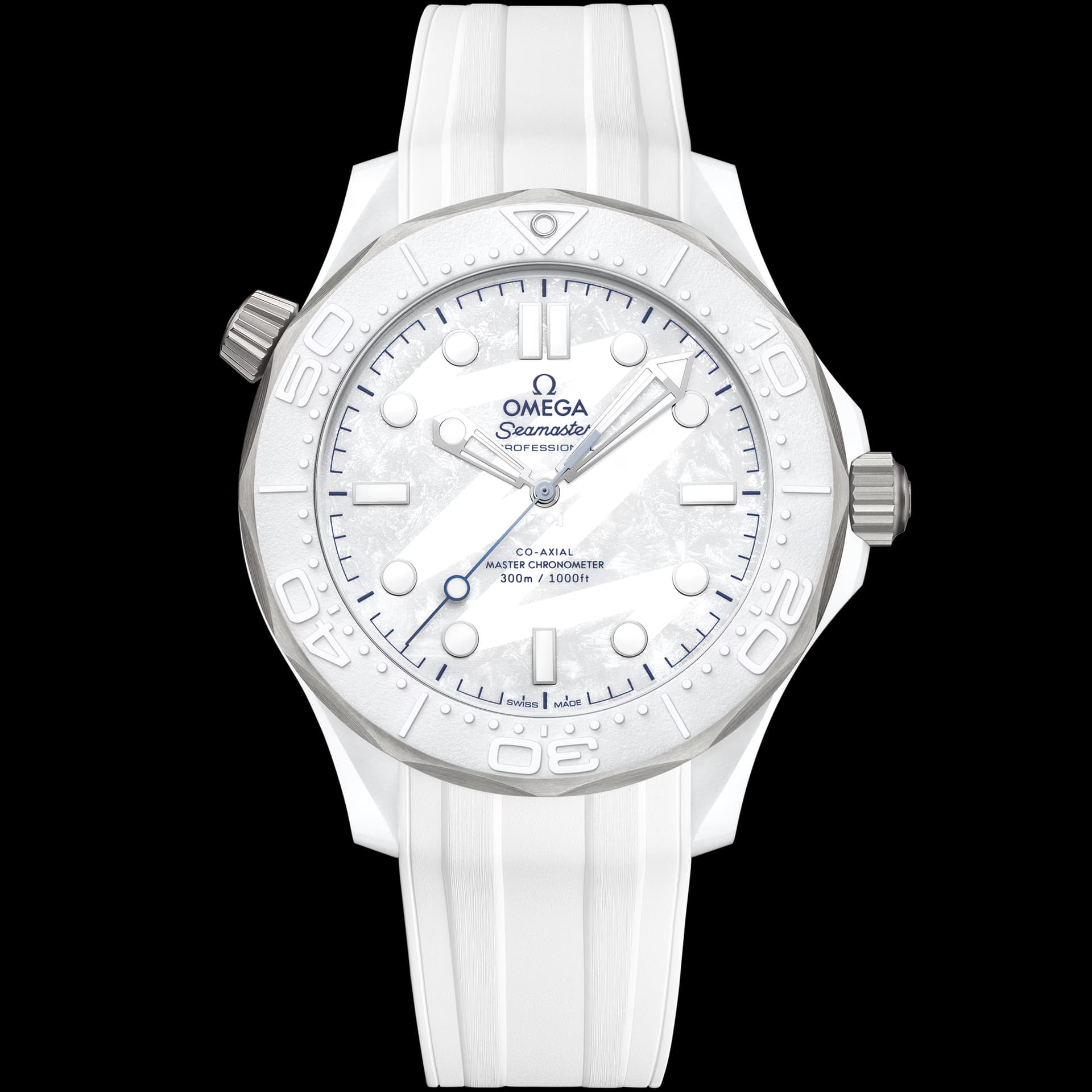 Omega Seamaster 43,5 mm, céramique blanche - titane sur bracelet caoutchouc