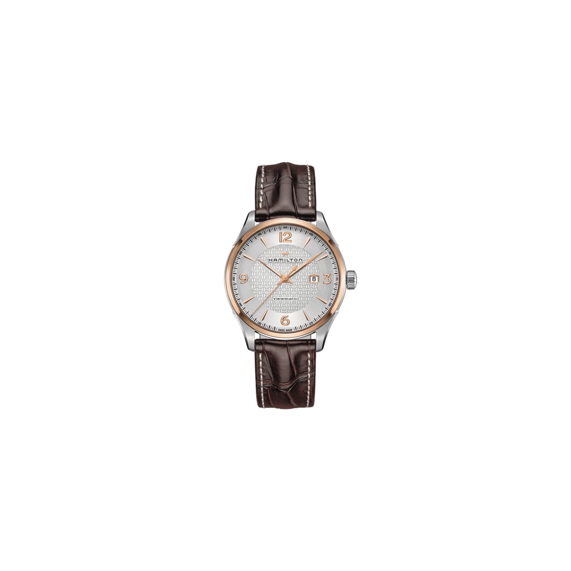 Hamilton Montre Hamilton Jazzmaster Viewmatic cadran argenté index dorés rose bracelet cuir brun 44 mm