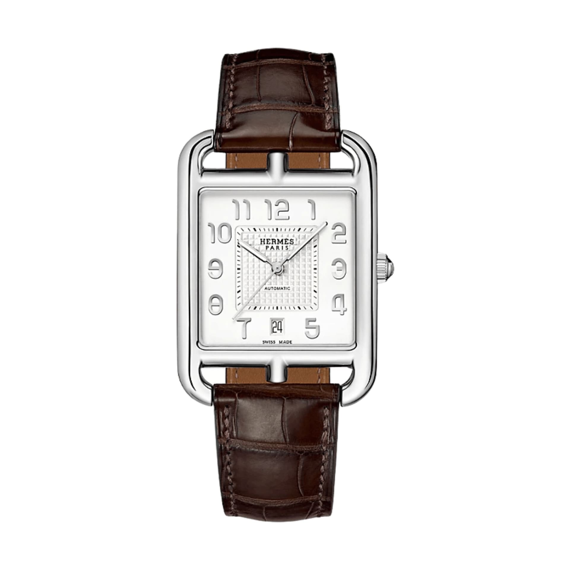 Hermès Montre HERMÈS Cape Cod Automatique Manufacture cadran argenté bracelet cuir marron 41 mm