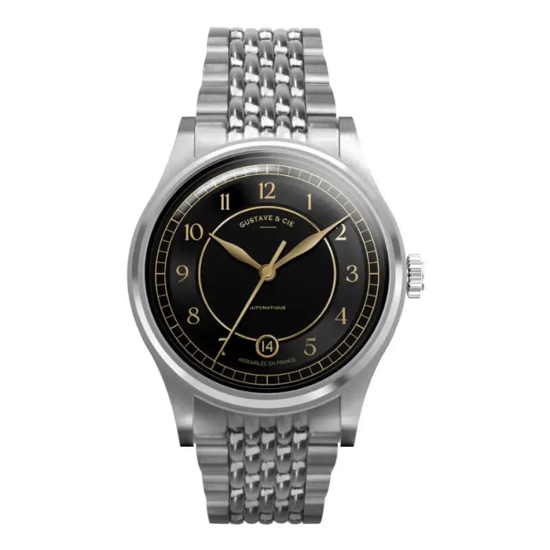 Gustave & Cie Montre 12H Charles Argent & Noir Grain de Riz 38mm