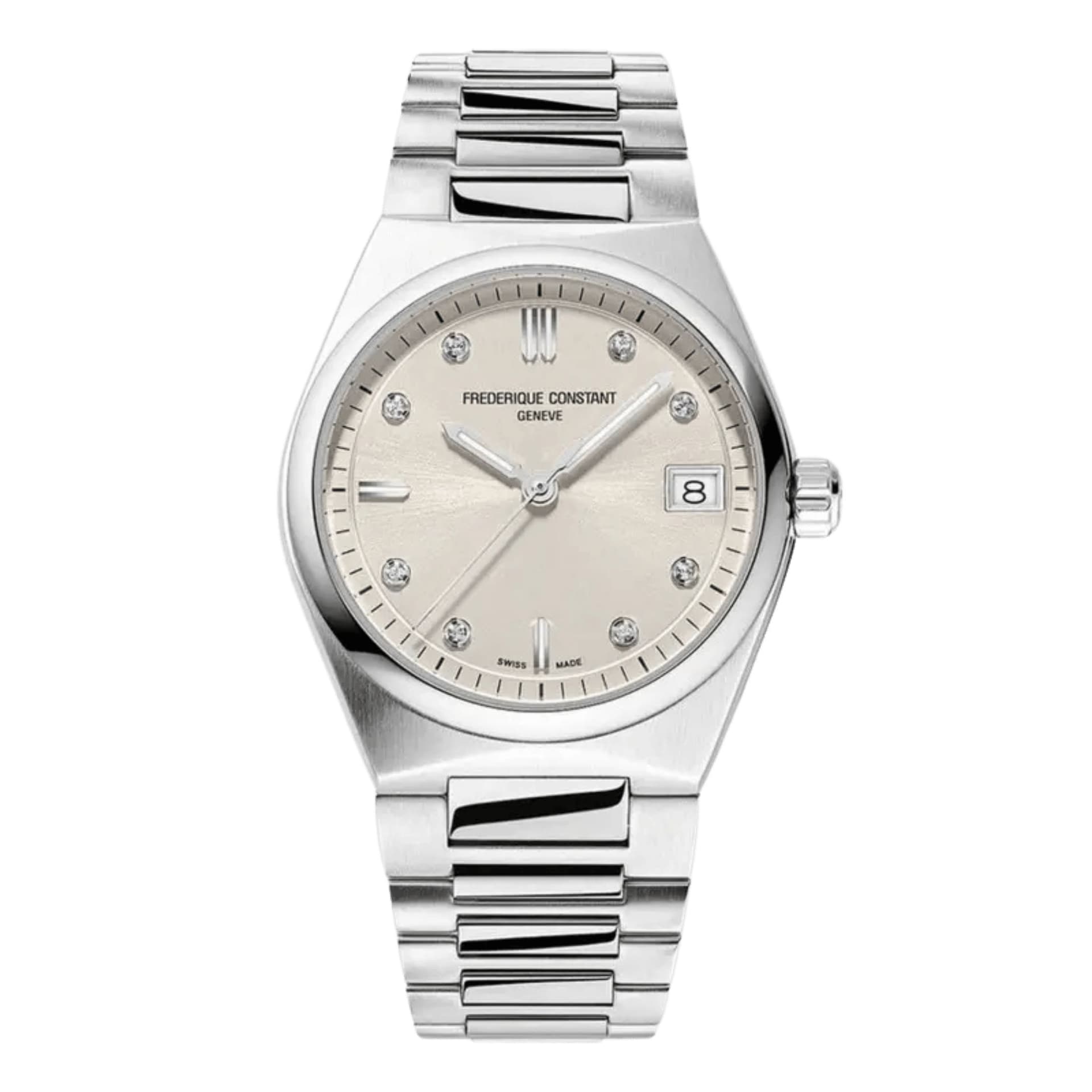 Frédérique Constant Montre Frédérique Constant Highlife Ladies quartz cadran beige et diamants bracelet acier 31 mm