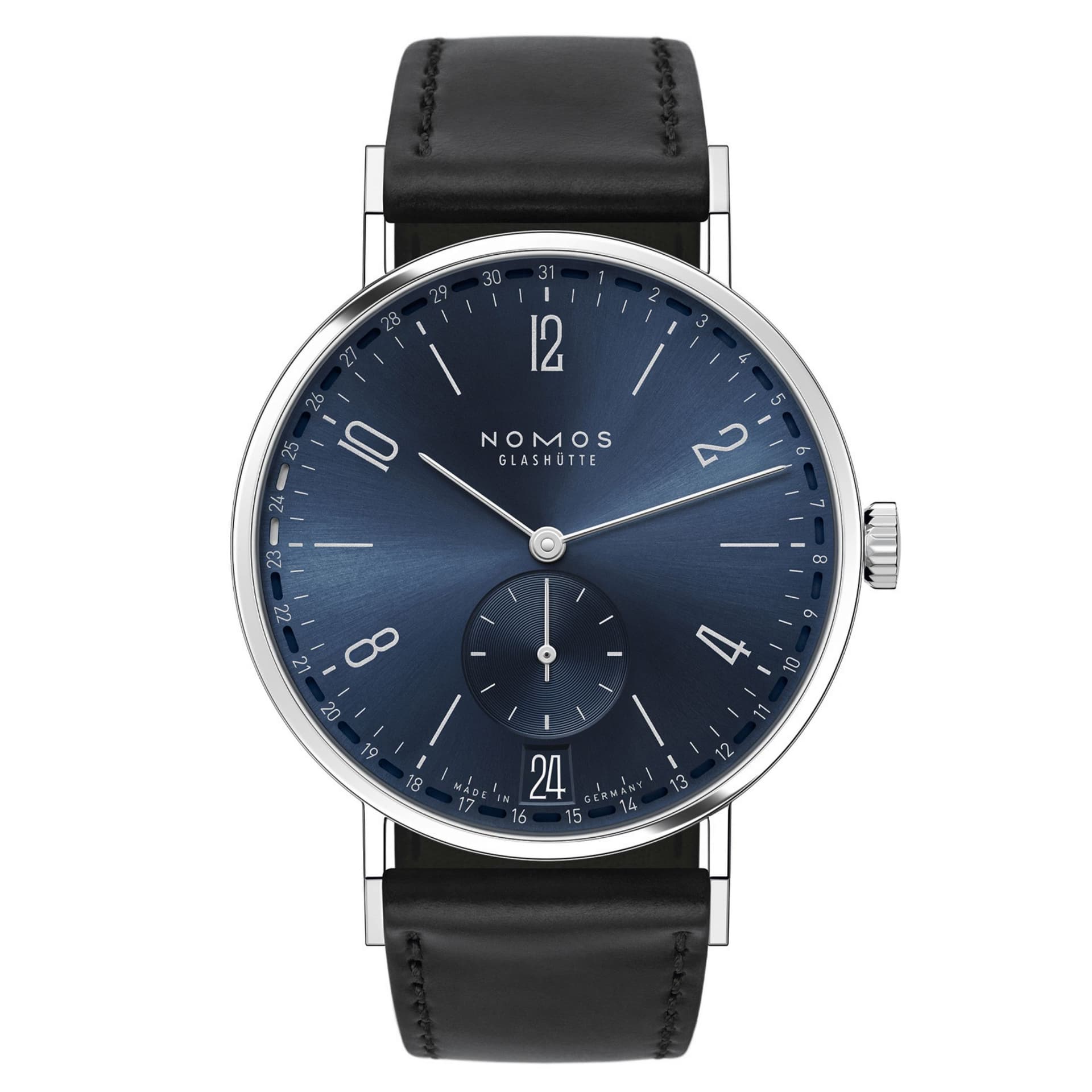 Nomos Montre NOMOS Tangente 2date cadran bleu mécanique bracelet cuir noir fond acier 37,5 mm