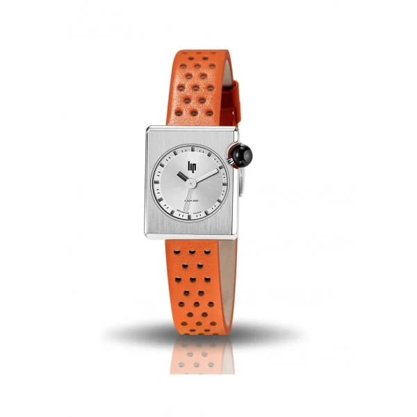 Daniel Gérard Montre LIP Femme MACH 2000 mini square cadran argenté 30 mm bracelet cuir orange