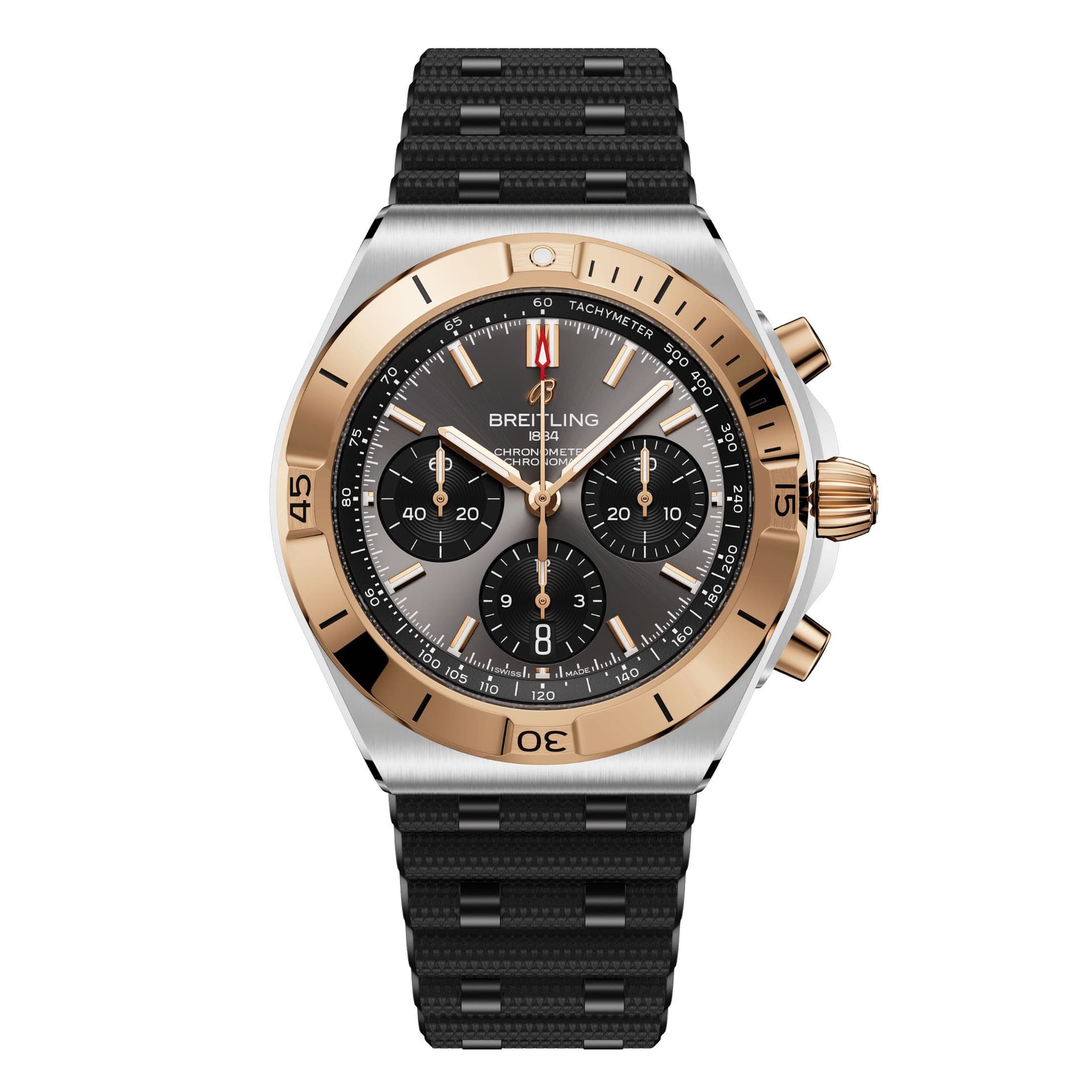 Breitling Montre Breitling Chronomat B01 Chronograph automatique lunette or rouge cadran anthracite bracelet caoutchouc 42 mm