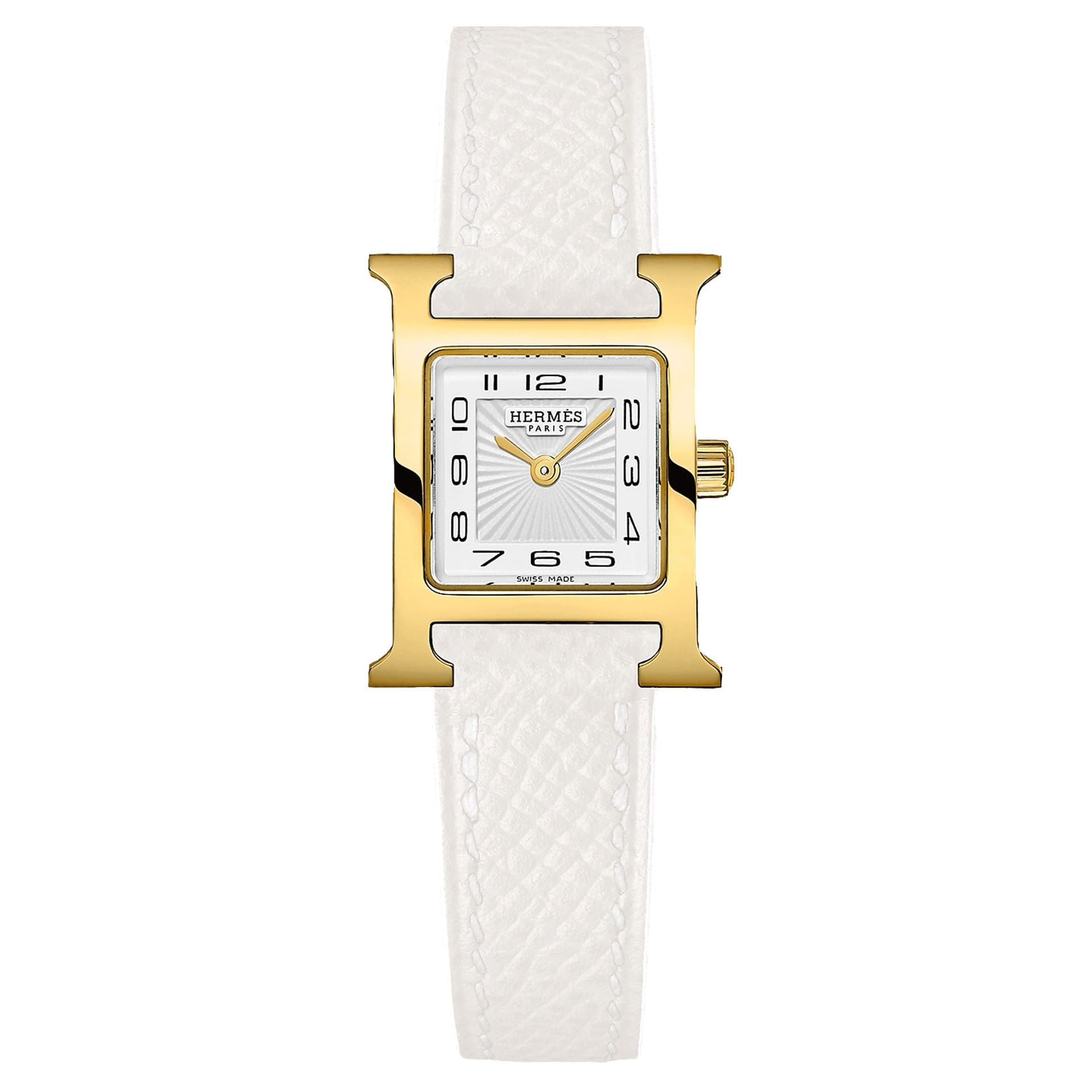 Hermès Montre HERMÈS Heure H Mini Modèle PVD quartz cadran blanc bracelet cuir blanc 21 mm