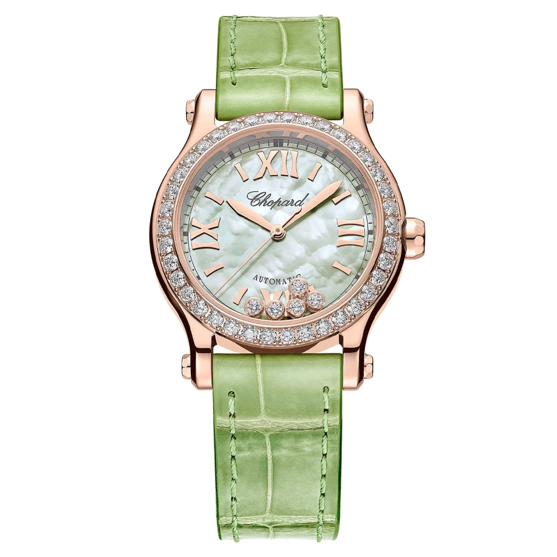 Chopard Montre Chopard Happy Sport Or Rose automatique lunette sertie cadran nacre verte bracelet cuir vert 30 mm