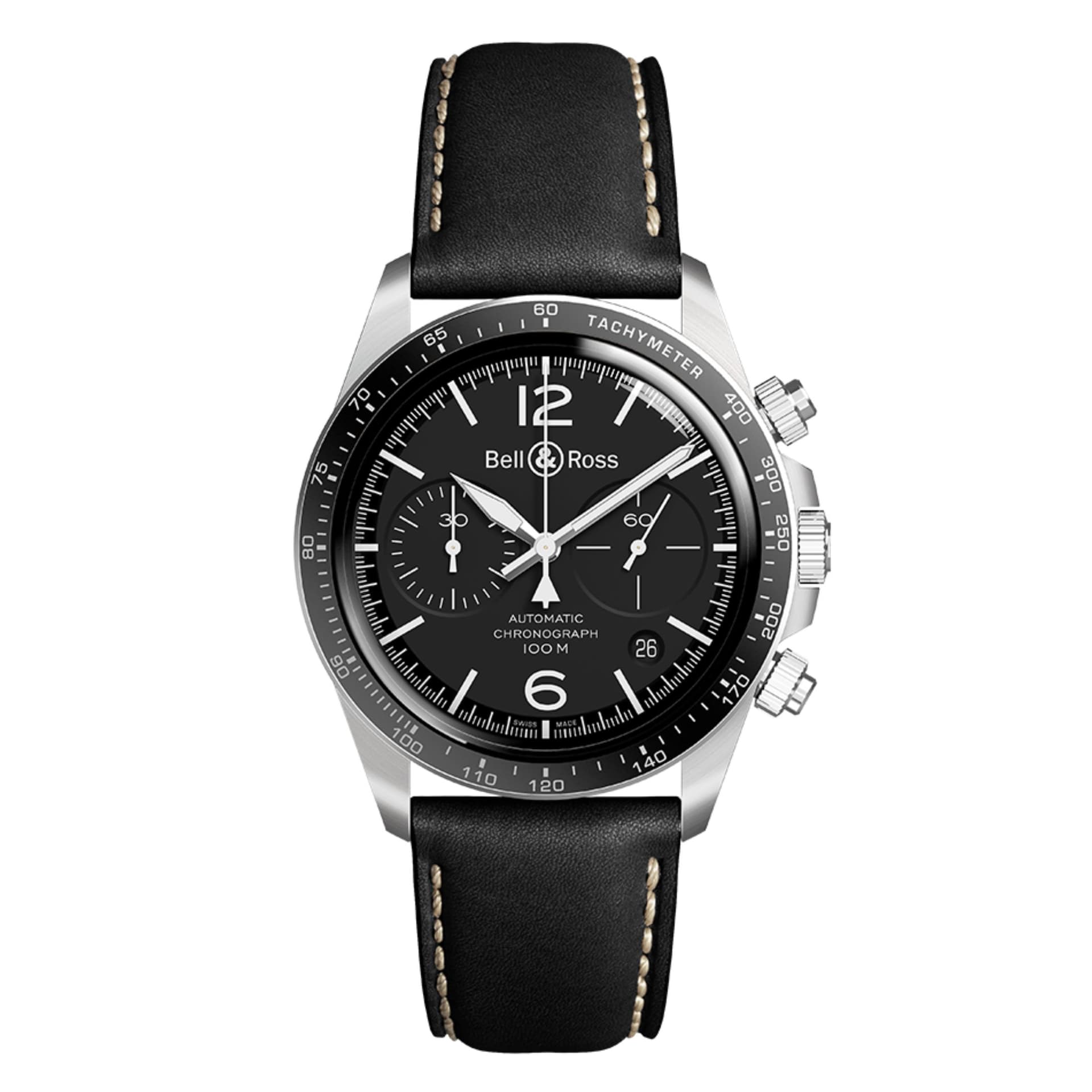 Bell & Ross Montre Bell & Ross BR V2-94 Black Steel automatique cadran noir bracelet cuir 41 mm